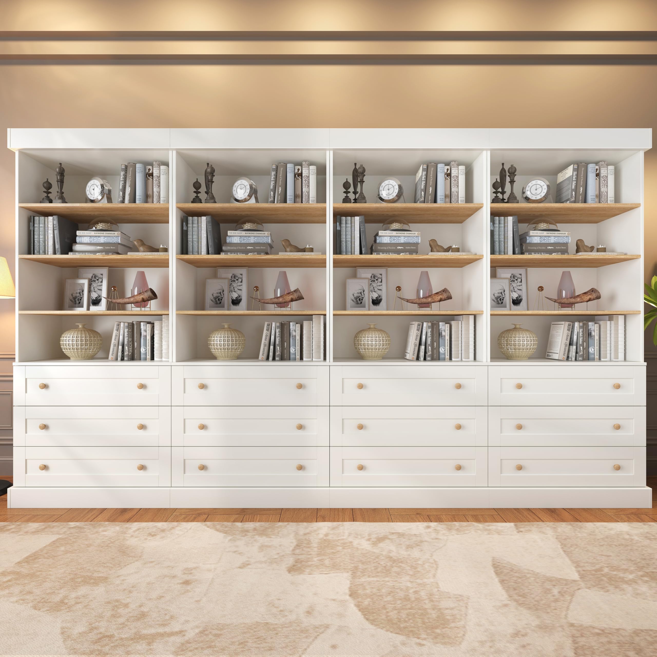 ivaniti 71" Tall Farmhouse Bookshelves, Large Bookcase with Adjustable Shelves, 3 Drawers Wooden Storage Cabinet for Living Room, Kitchen, Home Office, Dining Room, White 4 PCS