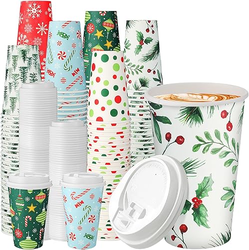 Umigy 120 tazas de café de Navidad con tapas, vasos de papel desechables de 16 onzas para café festivo con tapa para bebidas, tazas de Navidad para