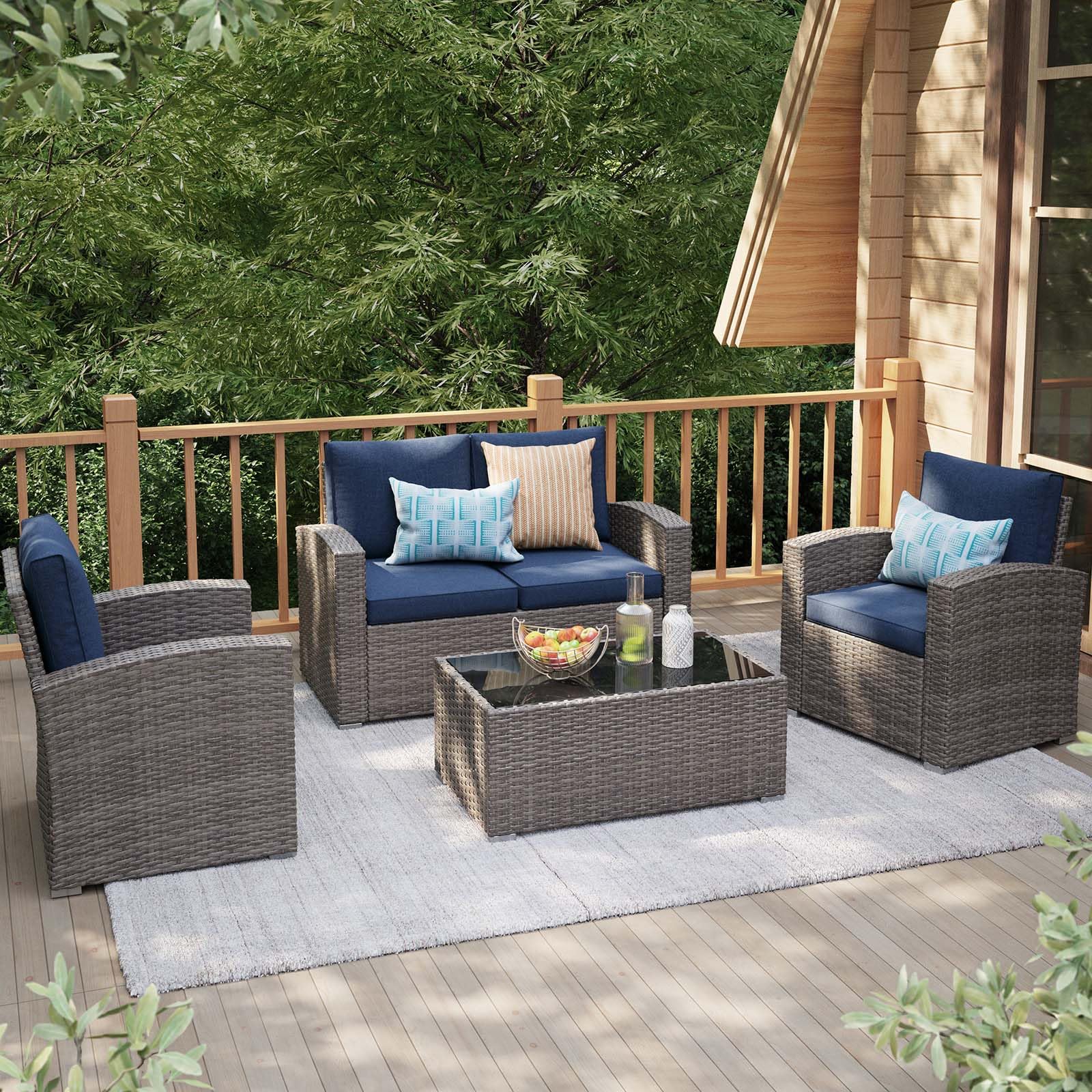 JOIVI Patio Furniture Set, 4 Piece Outdoor Patio Conversation Set, All-Weather PE Rattan Wicker Sectional Patio Sofa Set with Tempered Glass Coffee Table for Family Gatherings, Navy Blue