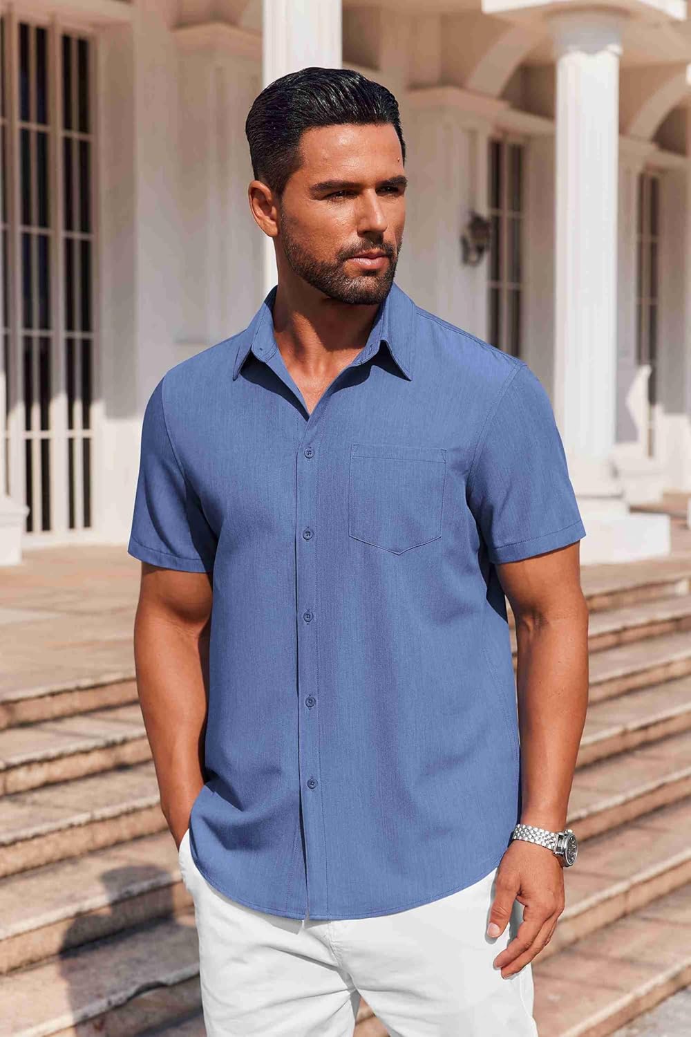 COOFANDY Mens Button Down Short Sleeve Shirt Casual Summer Stretch Denim Dress Shirts with Pocket - Image 3