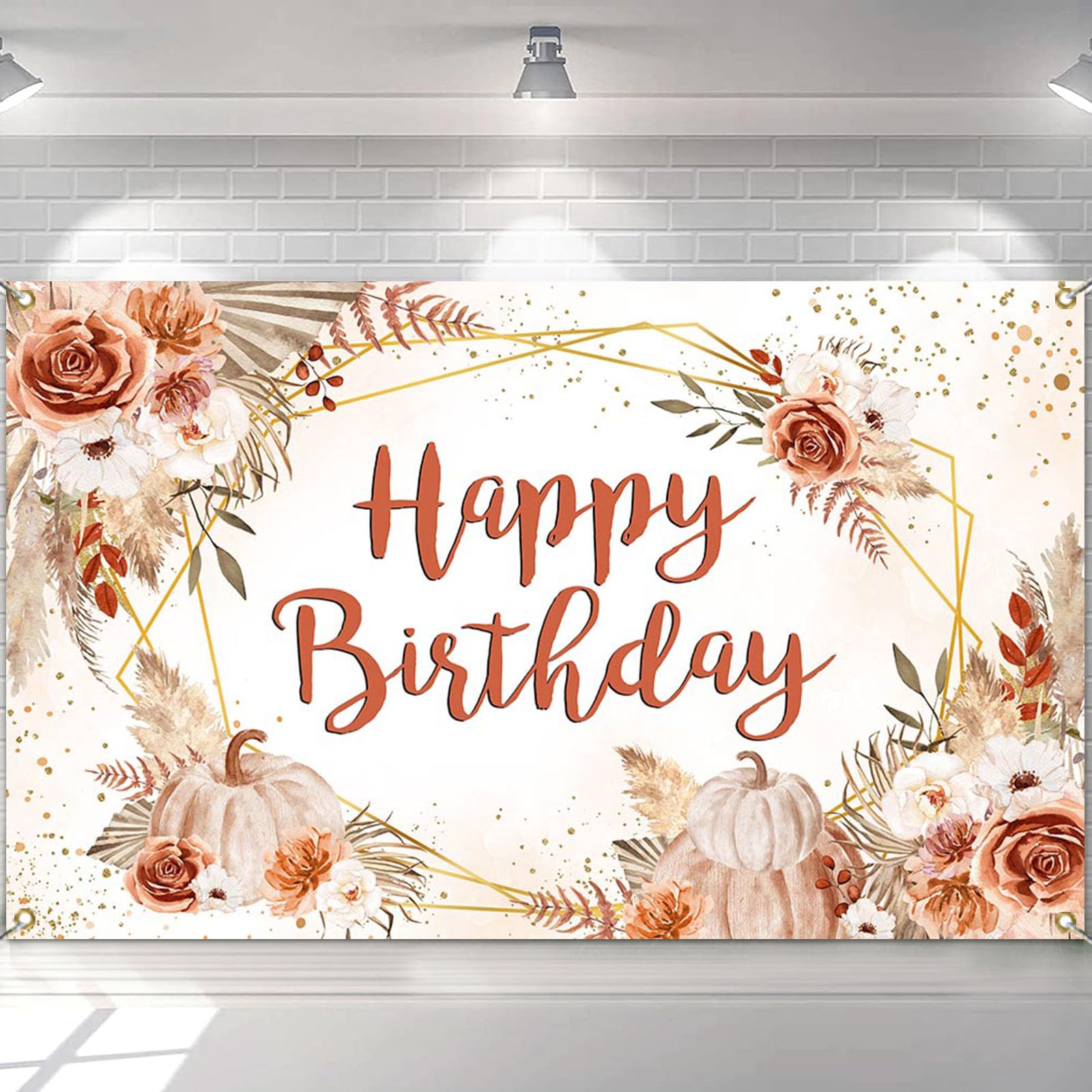 Mocsicka Autumn Pumpkin Birthday Backdrop Boho Pumpkins Fall Floral Happy Birthday Background Party Decorations Thanksgiving Autumn Leaves Pampas Grass Banner Photo Booth Props (6x4ft