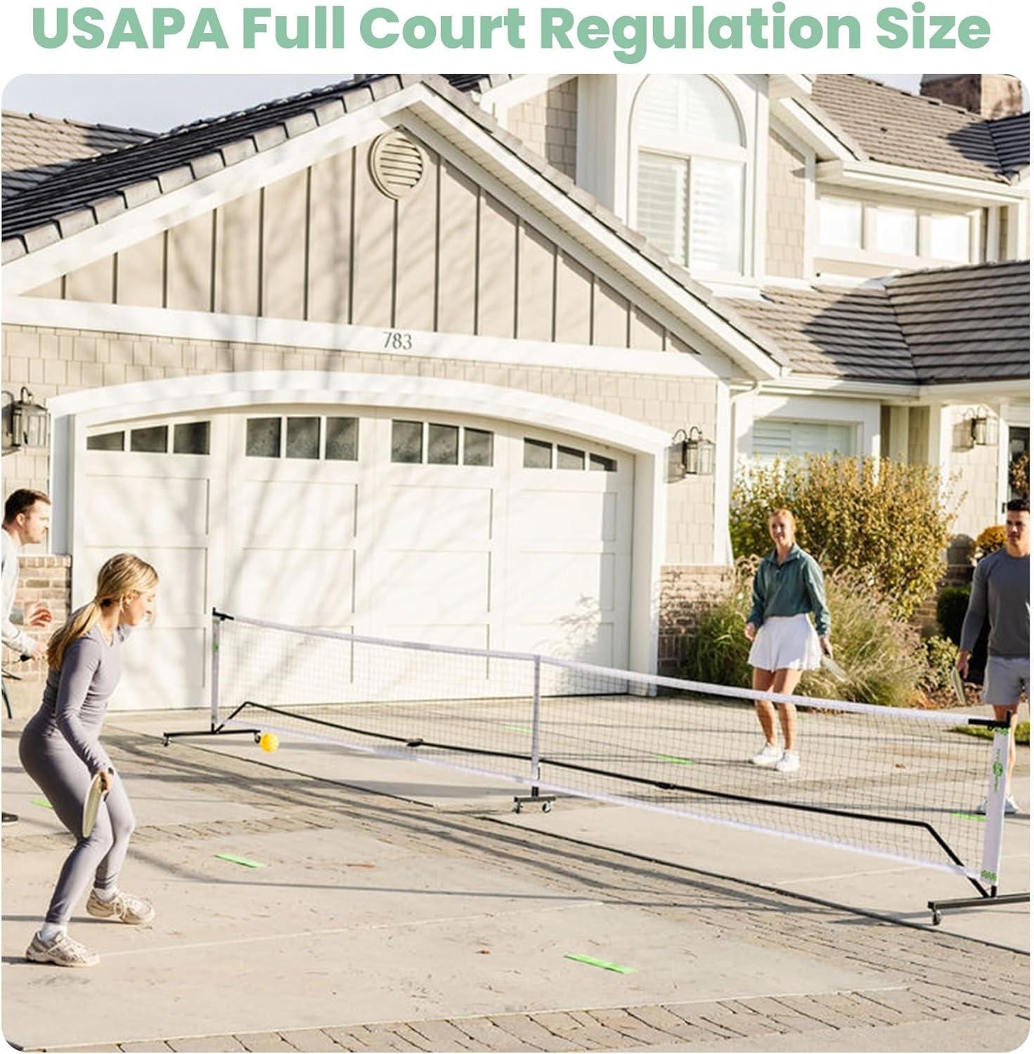 Foldable Pickleball Set with Net – Portable Outdoor Net with Wheels, 4 Paddles, Balls & Markers, Instant Setup, Compact Storage (7.5’), Regulation Size for Driveway & Backyard Games, Easy Relocation