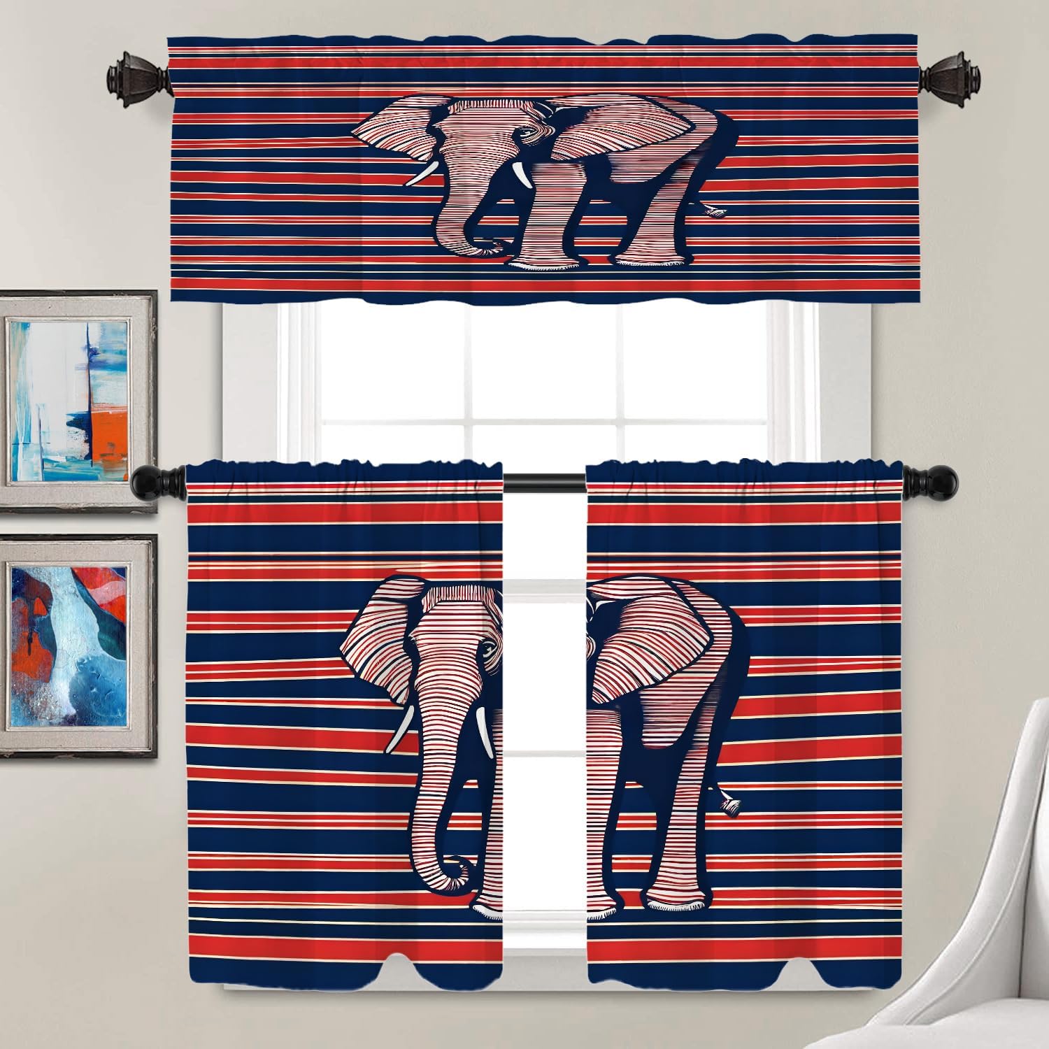 Batmerry American Republican Elephant Tier Curtains, Navy Blue Red Stripes Background Cafe Curtain Short Kitchen Drapes Small Valance for Bathroom, 2 Pack 36X26 Inches
