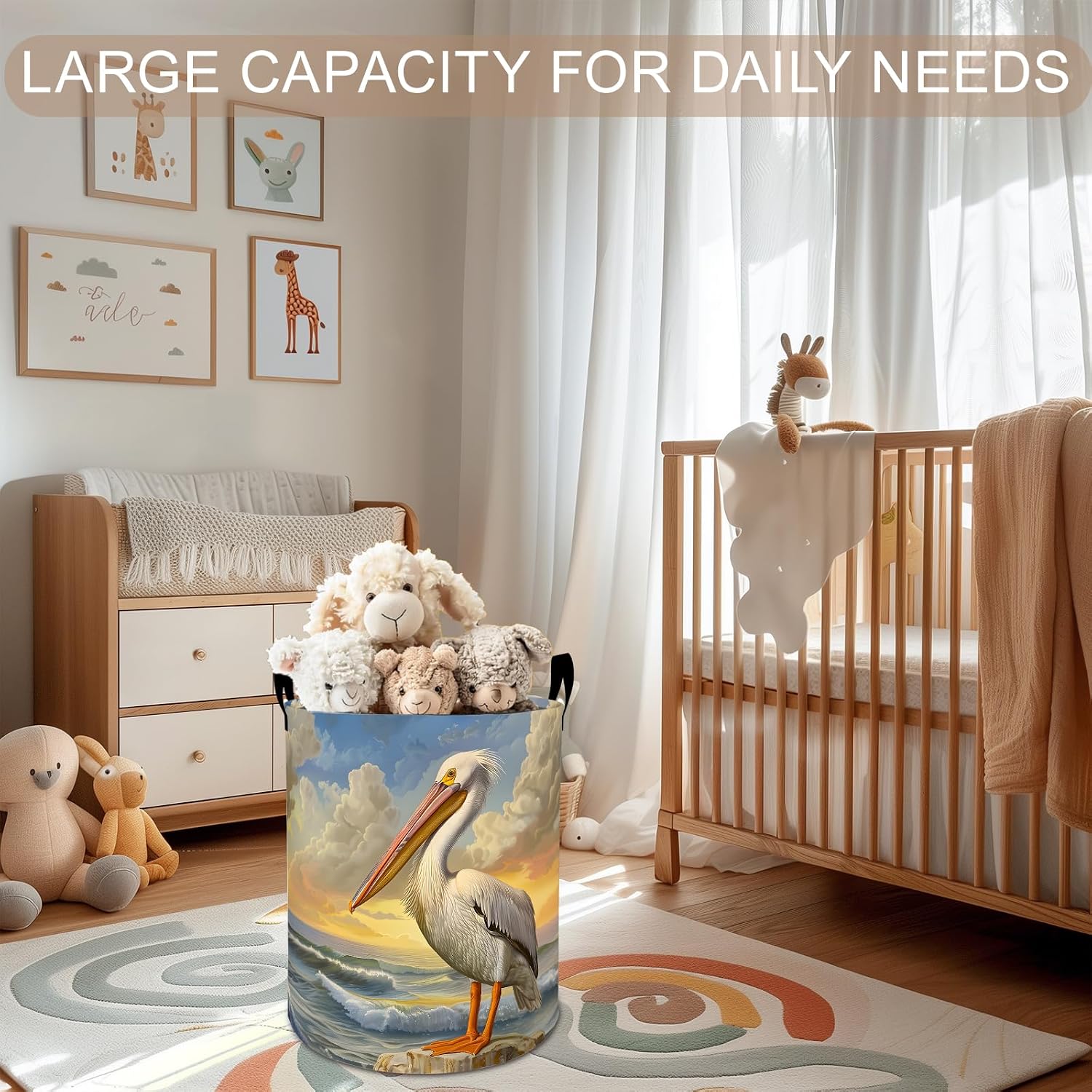 Pelican Laundry Basket Hamper 19.7"x15.8", Ocean Sunset Bird Foldable Waterproof Oxford Clothes Storage Bucket for Room Bathroom Bedroom Nursery Decor, Toy Organizer Bins Gifts for Kids Boys Girls image 3