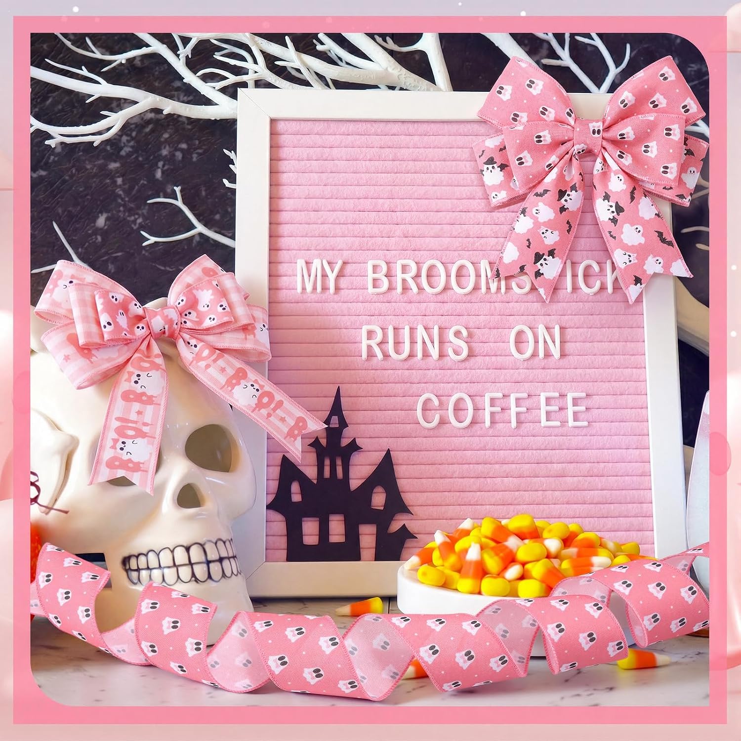 12 Rolls 60 Yards Pink Ghost Halloween Wired Ribbon for Wreath Bow image 3