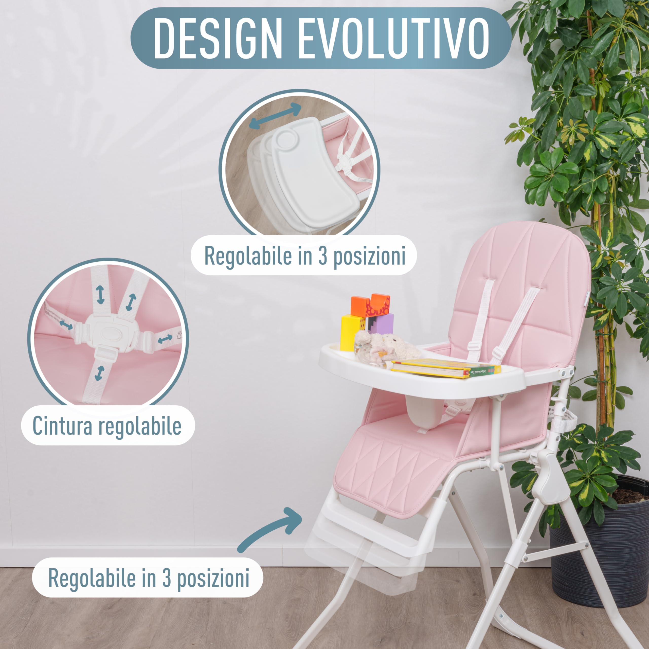 IB STYLE Seggiolone Pappa Leno - Seggiolone Pieghevole e Salvaspazio, Evolutivo con Vassoio e Poggiapiedi, Cintura a 5 Punti, Seduta Imbottita, Facile da Pulire, da 6 Mesi a 3 Anni (15 kg), Rosa