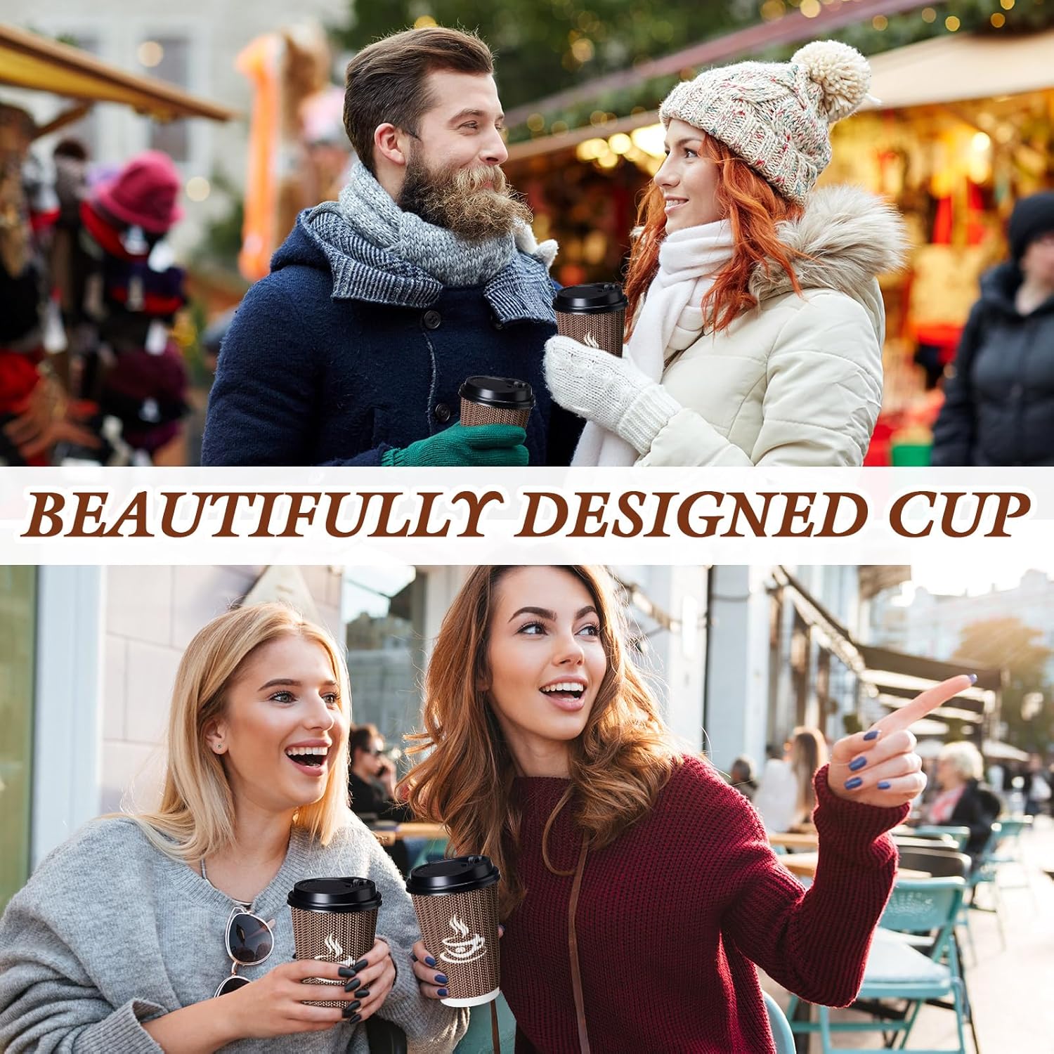 Layhit 100 Sets Disposable Coffee Cups with Lids 16 oz Ripple Paper Brown Coffee Cups Insulated Corrugated Double-walled for Hot Chocolate Cold Drink, Winter Party, Picnic, Travel, Office, Bar - Image 6