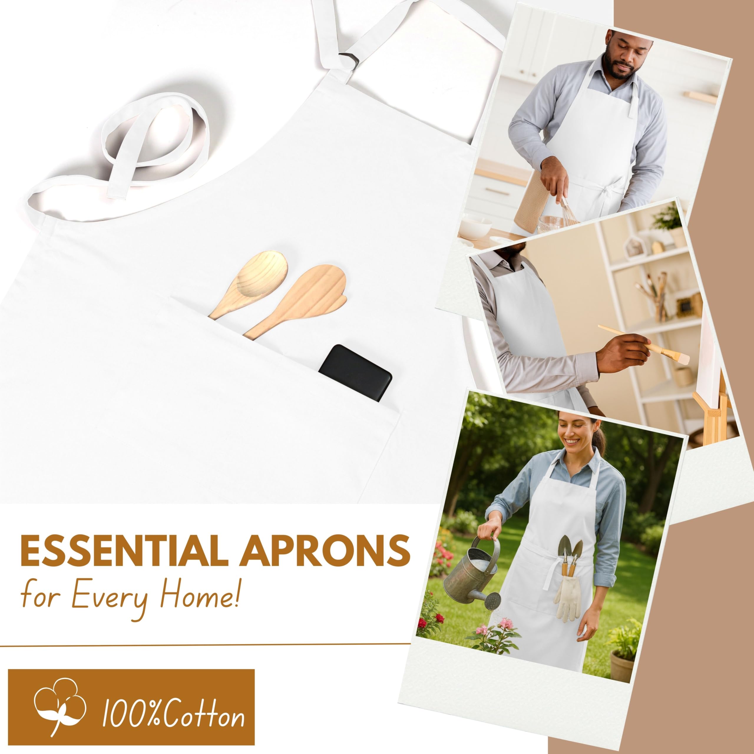 Native Fab Delantal de cocina de algodón, 2 unidades, ajustable, duradero, con bolsillos, perfecto para cocinar, hornear, asar a la parrilla y chefs, color blanco, Blanco, 27"(L) x 33"(W)