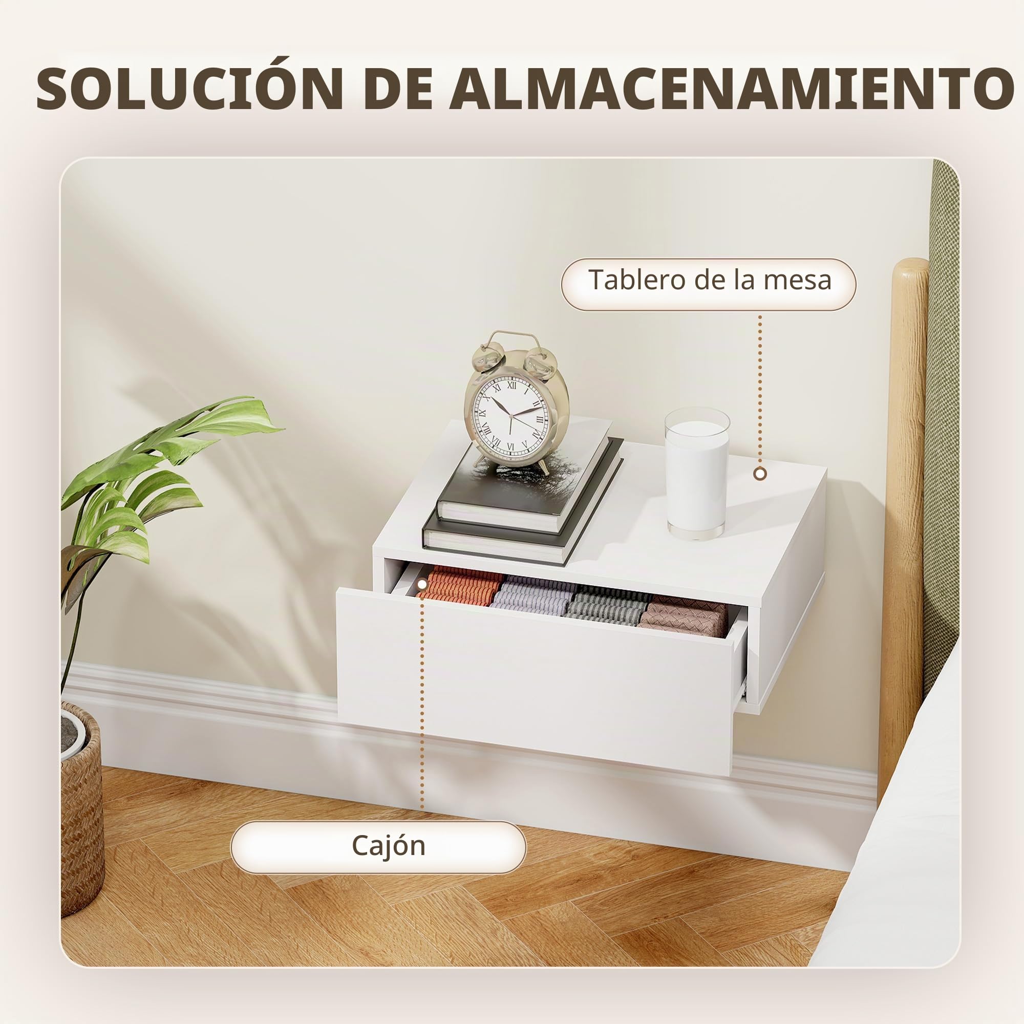 HOMCOM Set de 2 Mesitas de Noche Flotantes con 1 Cajón Diseño Montado en la Pared Estilo Moderno para Dormitorio 40x30x15 cm Blanco