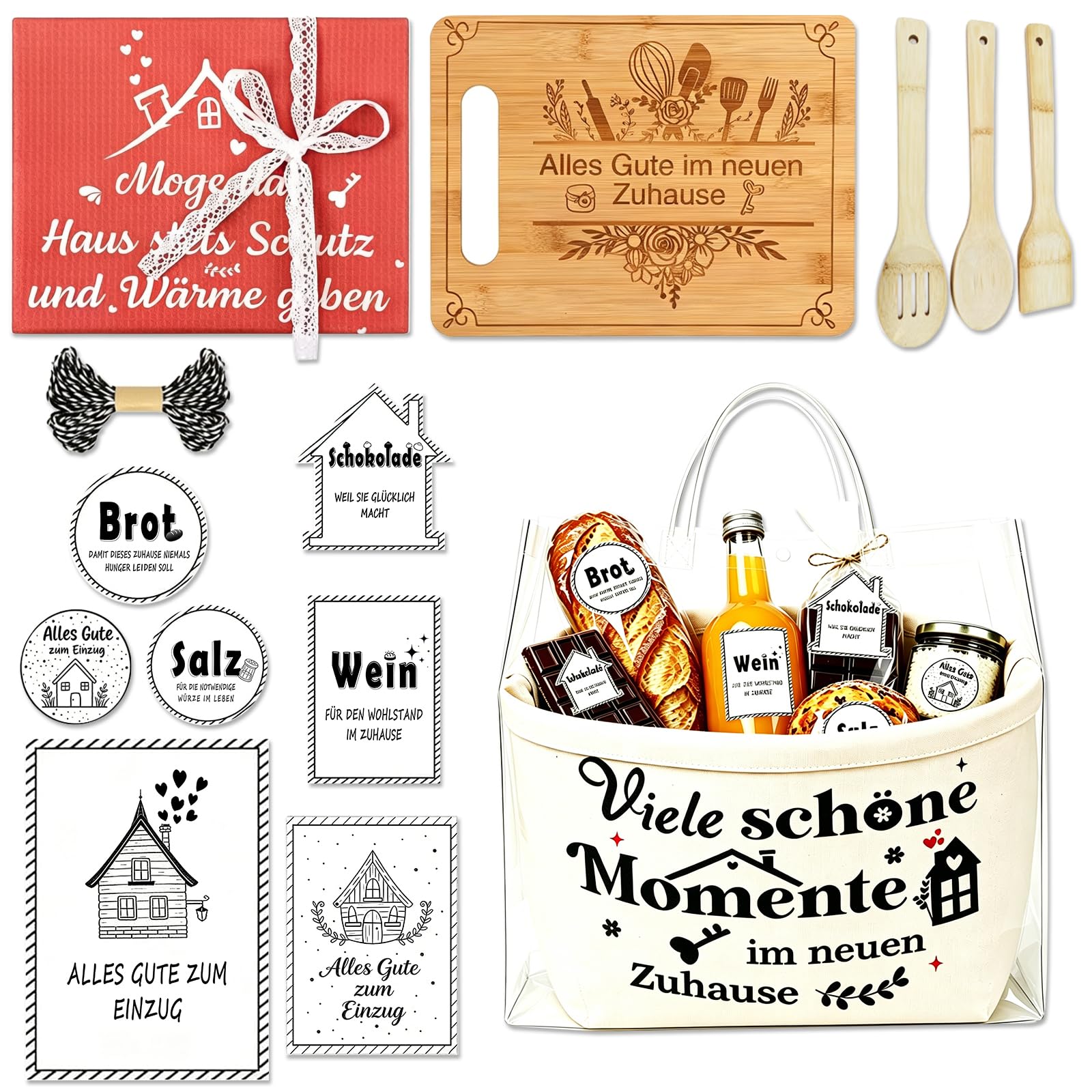 Einzugsgeschenk Set, Geschenk zum Einzug Haus Brot und Salz, Brotkorb mit Holz Schneidebrett, Geschirrtuch, Kochlöffel, Aufklebern, Einweihungsgeschenk für Haus, Wohnung, Mit Aufklebern und Karten