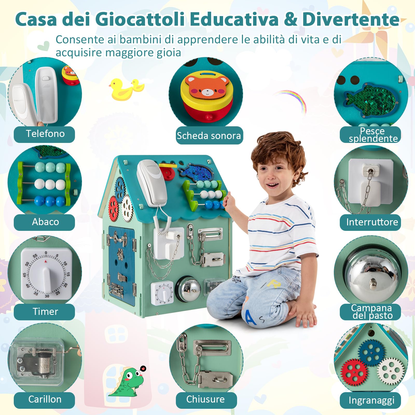 COSTWAY Occupato Montessori per Bambini, Casa da Gioco Montessori con Giochi Sensoriali e Spazio Interno, Giocattolo Educativo e Regalo per Bambini 3 Anni+ (Blu)