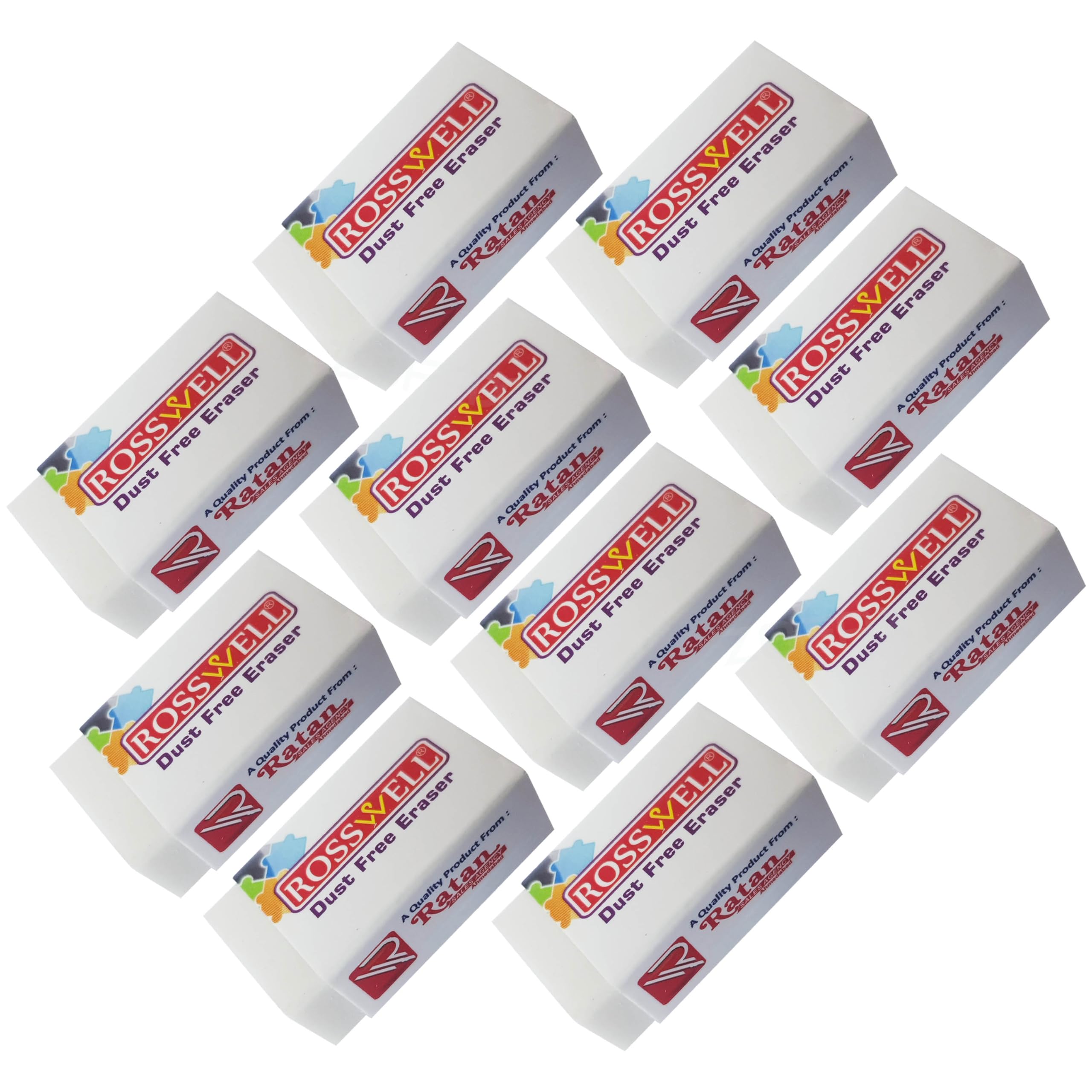 RUBWELL Pencil Erasers, Medium, Pack of 10, White Colour Multipack Rubbers, Durable Soft Erasers, Ideal for School Office Home Use, iZOFAX Black Ball Pen