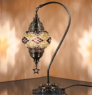 DEMMEXTurkish Moroccan Mosaic Table Lamp – Handcrafted Tiffany-Style Colorful Glass Swan Neck Bedside, Desk, Table Light, Boho Artisan Accent Lighting for Bedroom or Living Room – 15" H, Brown-Black