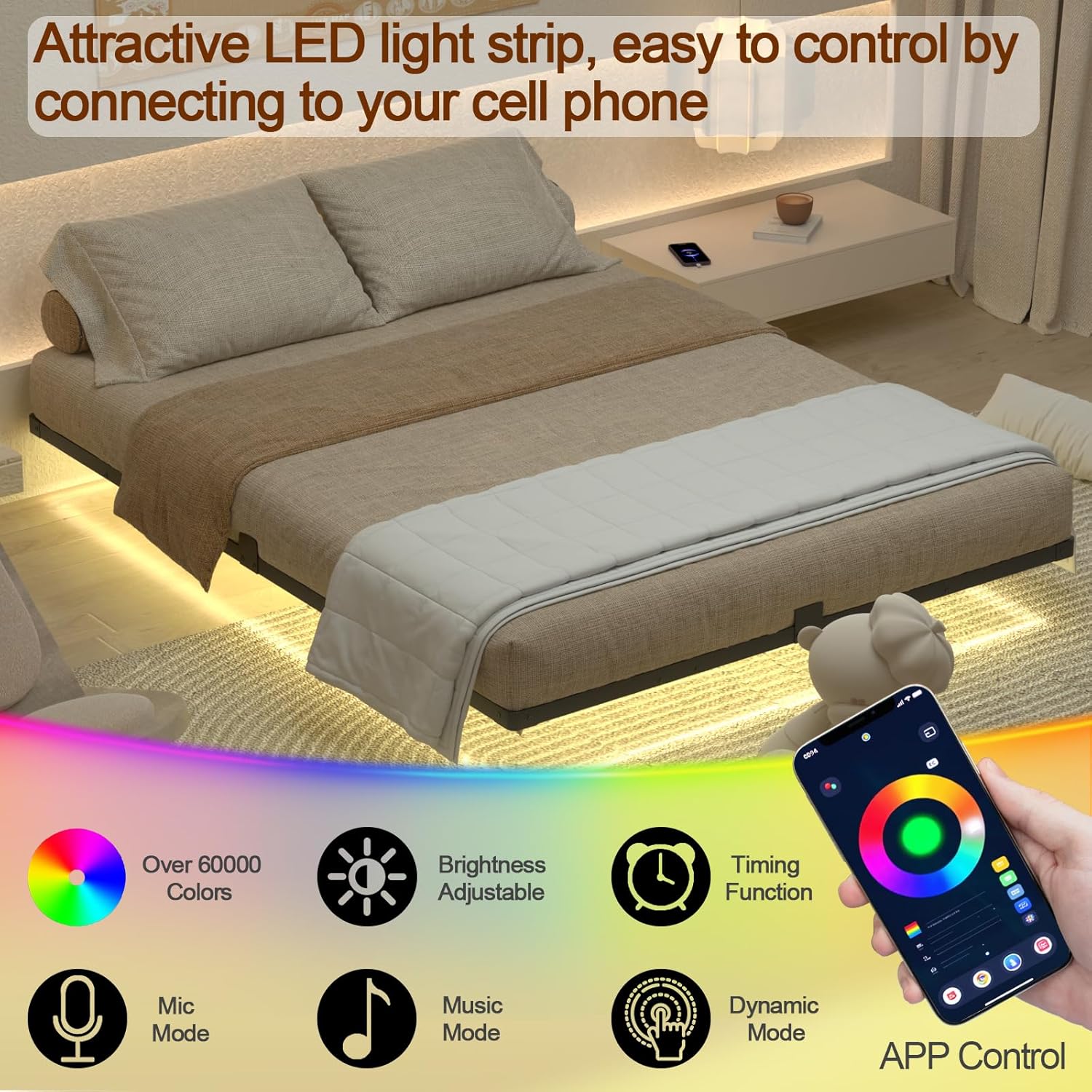 Queen Bed Frame, Floating Bed Frame Queen Size with Smart LED Lights & USB Charging Station, Metal Platform Double Bed Frame, Steel Slat Support, No Box Spring Needed, Easy Assembly HBF150BK - Image 3