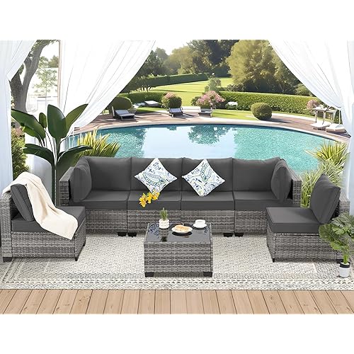 FHFO 7 Piece Outdoor Wicker Patio Furniture Set, Rattan Sectional Sofa Couch, Patio Conversation Set with Cushion & Coffee Table, for Backyard Poolside Porch Garden, Grey-Grey