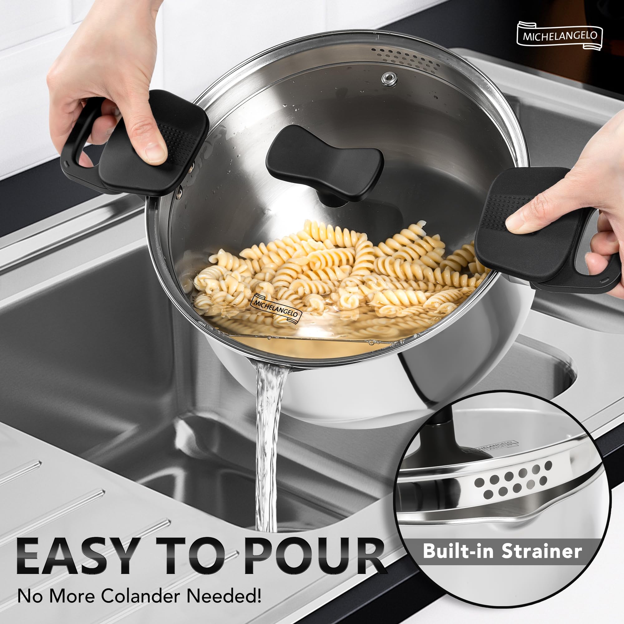 MICHELANGELO Olla de pasta de acero inoxidable con tapa coladora, olla de inducción de 6 cuartos con tapa, olla de espaguetis de 6 cuartos con tapa coladora