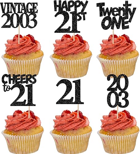 Rsstarxi Paquete de 24 adornos para cupcakes de 21 cumpleaños con purpurina negra, vintage, 2002, para decorar cupcakes de cumpleaños de 21 años