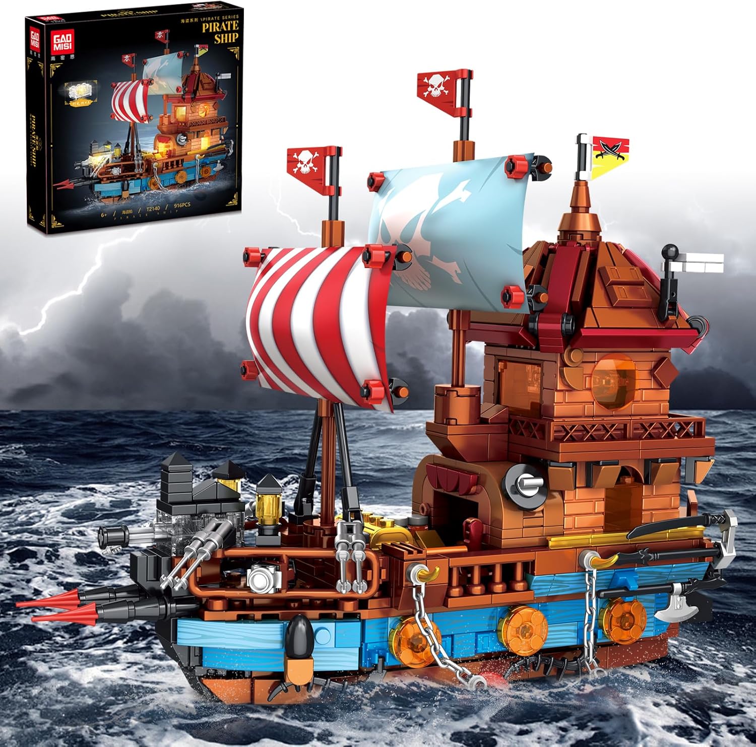 LED Lighted Pirate Ship Building Kit for Kids 916PCS Pirate Ship Building Blocks Set Lego Compatible with Opening Treasure Chest Movable Lifebuoy&Detachable Weapons Collectible Display Adults Gift