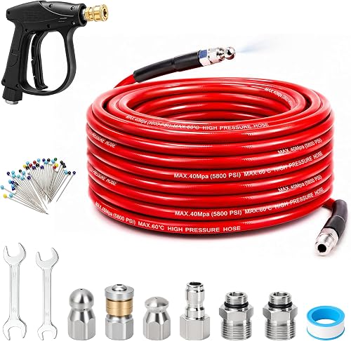 Sewer Jetter Kit for Pressure Washer 50 FT, Drain Cleaner Hose with Power Washer Gun, 1/4 Inch NPT Corner, Rotating and Button Nose Sewer Jetting Nozzle,Waterproof Tape, Pearl Corsage Pin, Spanner