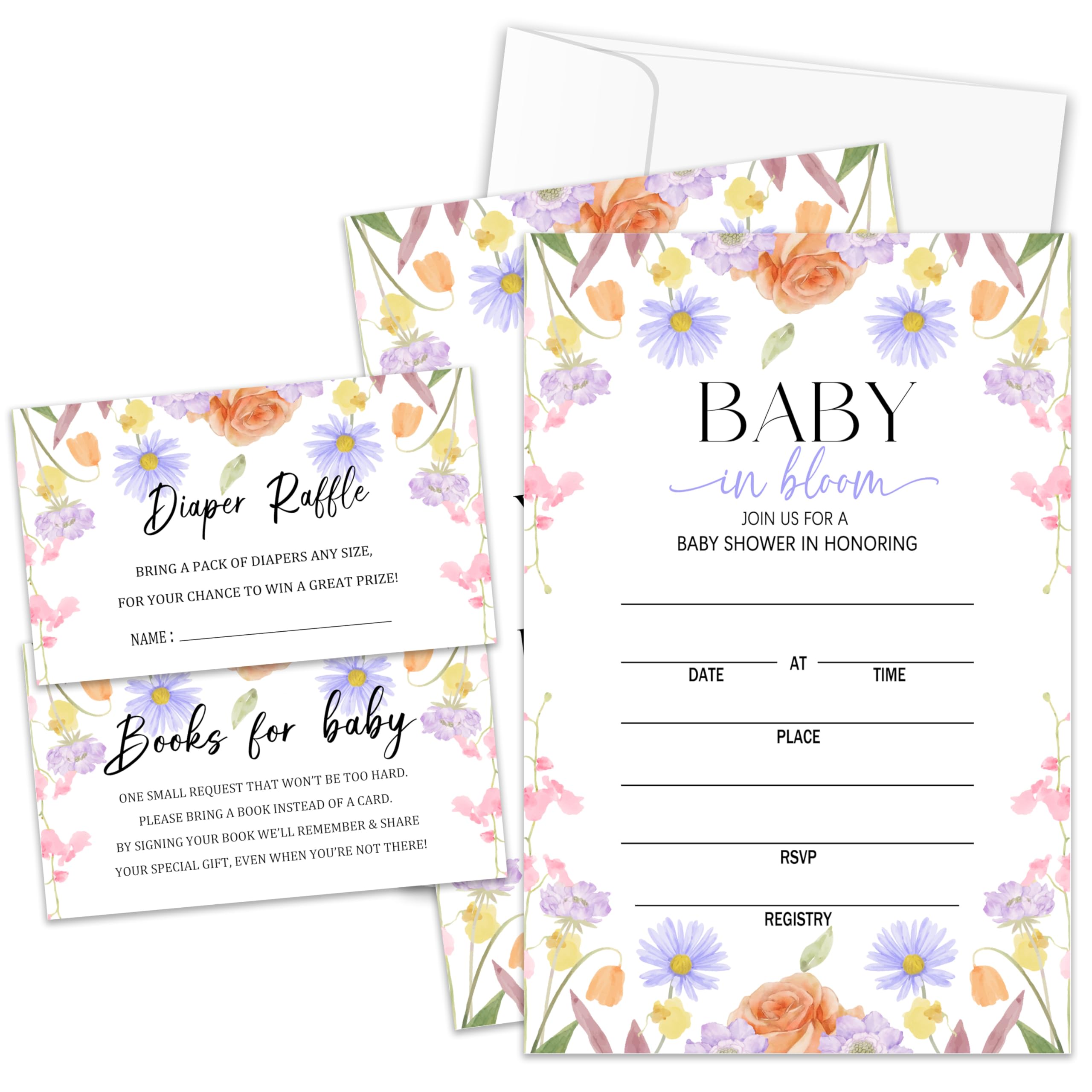 yutogan Wild Flower Baby Shower Invitations For Girl, Baby In Bloom Shower Invites Cards with Envelopes, Gender Reveal Invitations, Includes Diaper