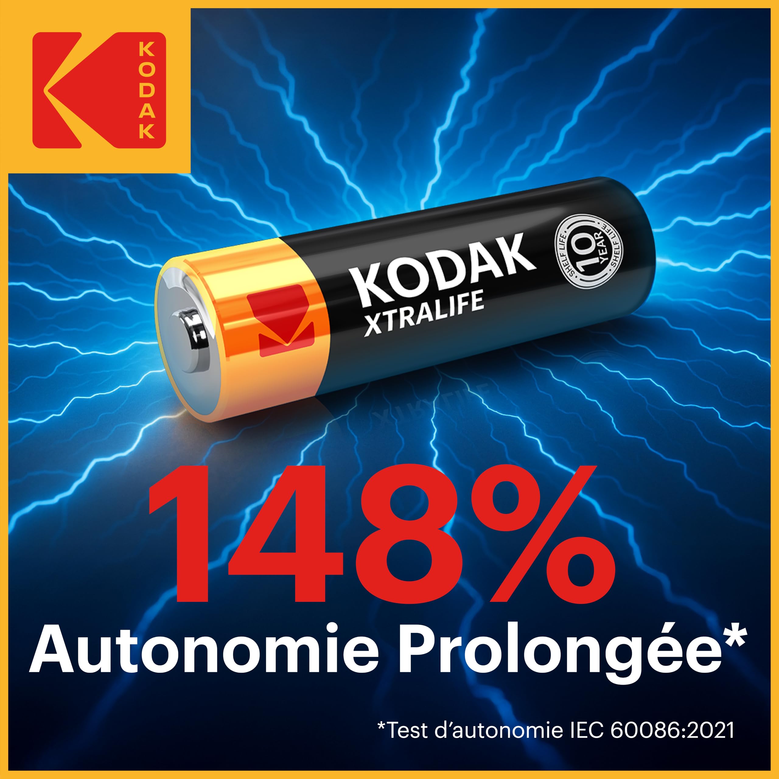 Kodak Xtralife - Paquete de 100 pilas AA, doble A, 1,5 V, 10 años de vida útil, LR6, paquete económico a granel para dispositivos de alto uso, alto drenaje, 12 veces más potencia