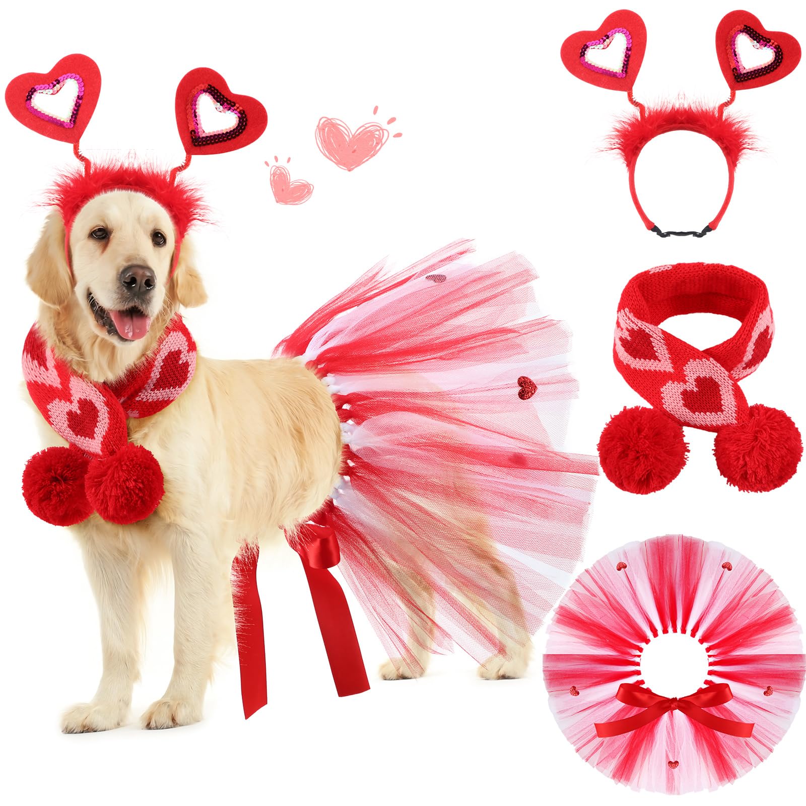 SilTriangle 3-Piece Valentines Day Dog Costume Set, Red Valentines Love Headband, Dog Tutu Dress, PET Scarf for Medium Dogs