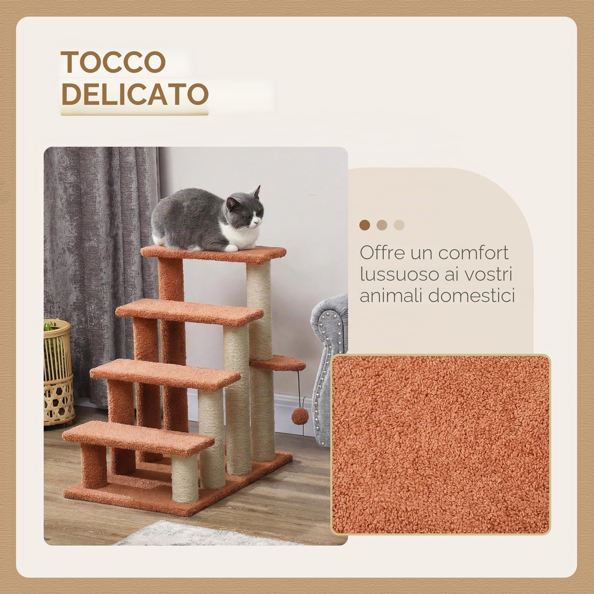 PawHut 4 livelli scale per gatti tappezzate per letto alto Marrone