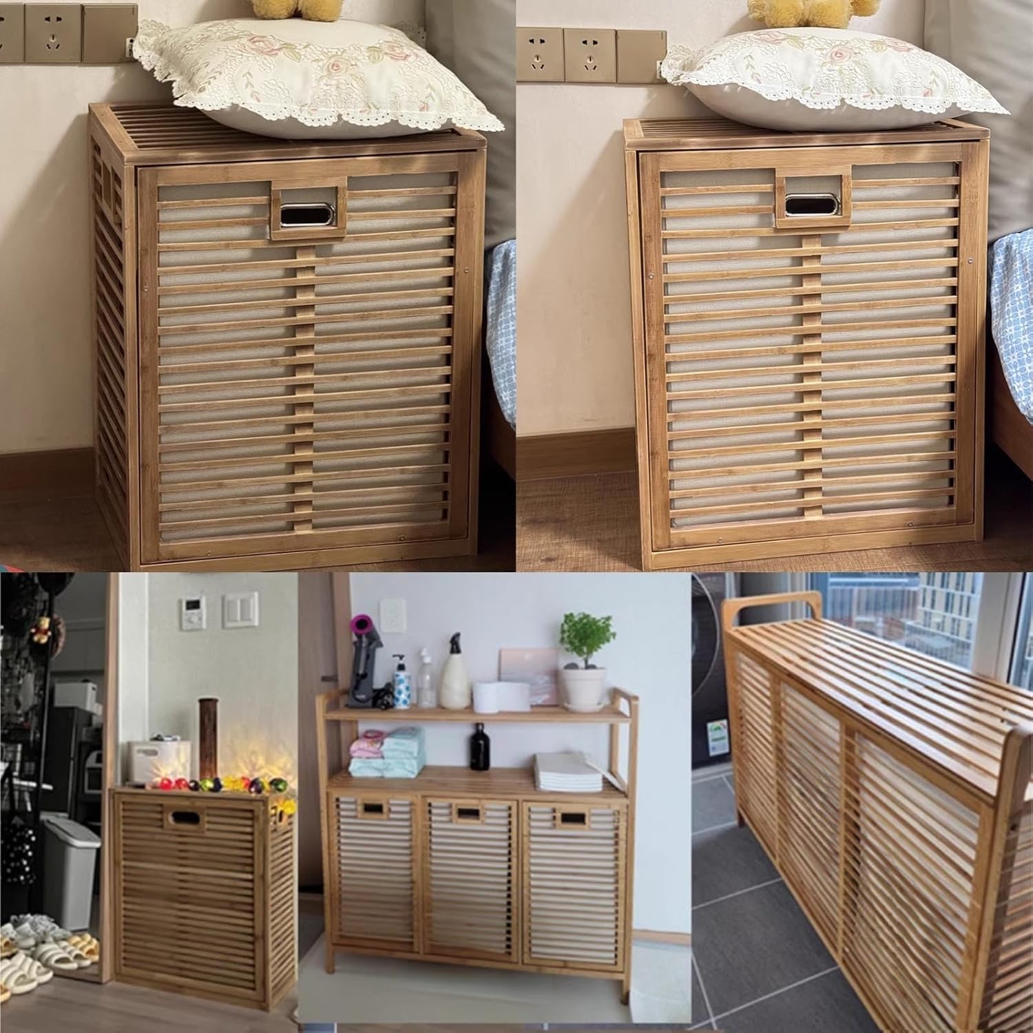 1 2 3Door Bathroom Laundry Cabinet with Shelf Bamboo Laundry Sorter Laundryhamper Cabinet Organizer Towel Storage w/Tilt Out Basket for Laundryroom Living Room Bedroom(Single Door with crosspieces)