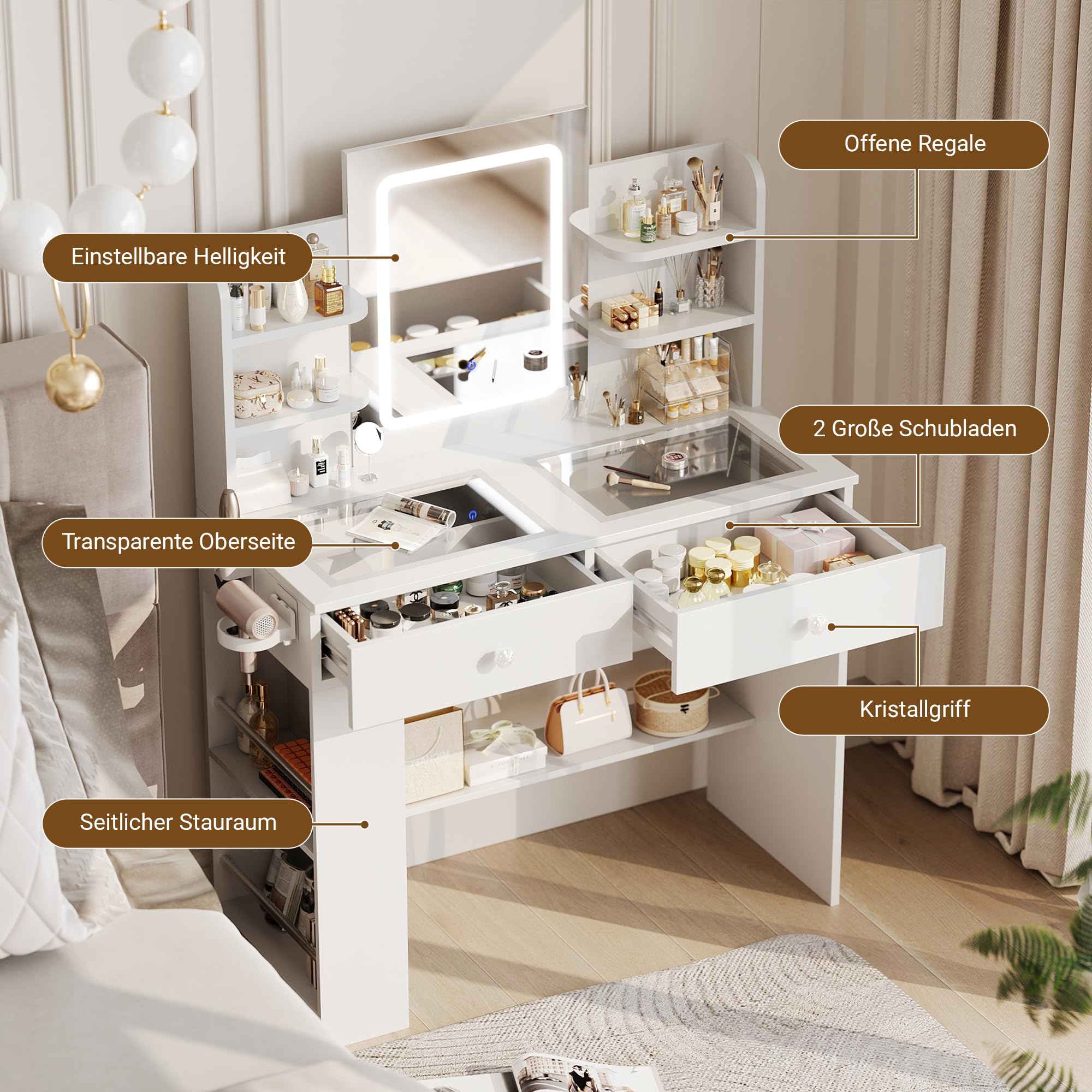 Claiks Hocker Schminktisch mit Stauraum, Schminkhocker Leinen, Sitzhocker gepolstert, Make-up Hocker für Schminktisch, Ankleidezimmer, Schlafzimmer, Weiß