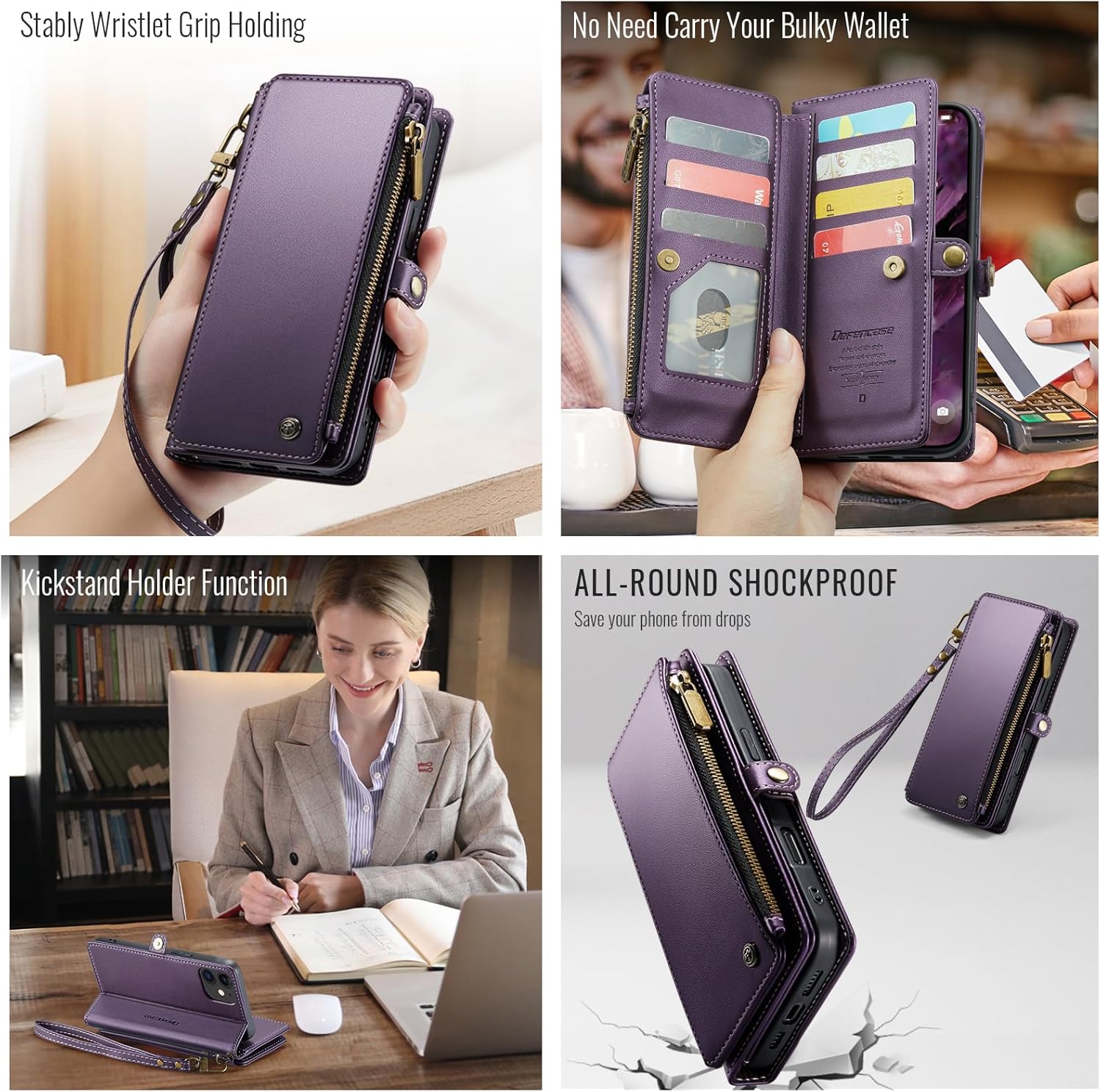 Defencase Compatible with iPhone 11 Case Wallet with RFID Blocking Card Holder for Women and Men, Fashion PU Leather Magnetic Snap Flip Zipper Strap Wallet Phone Case Fit for iPhone 11 6.1", Purple - Image 3