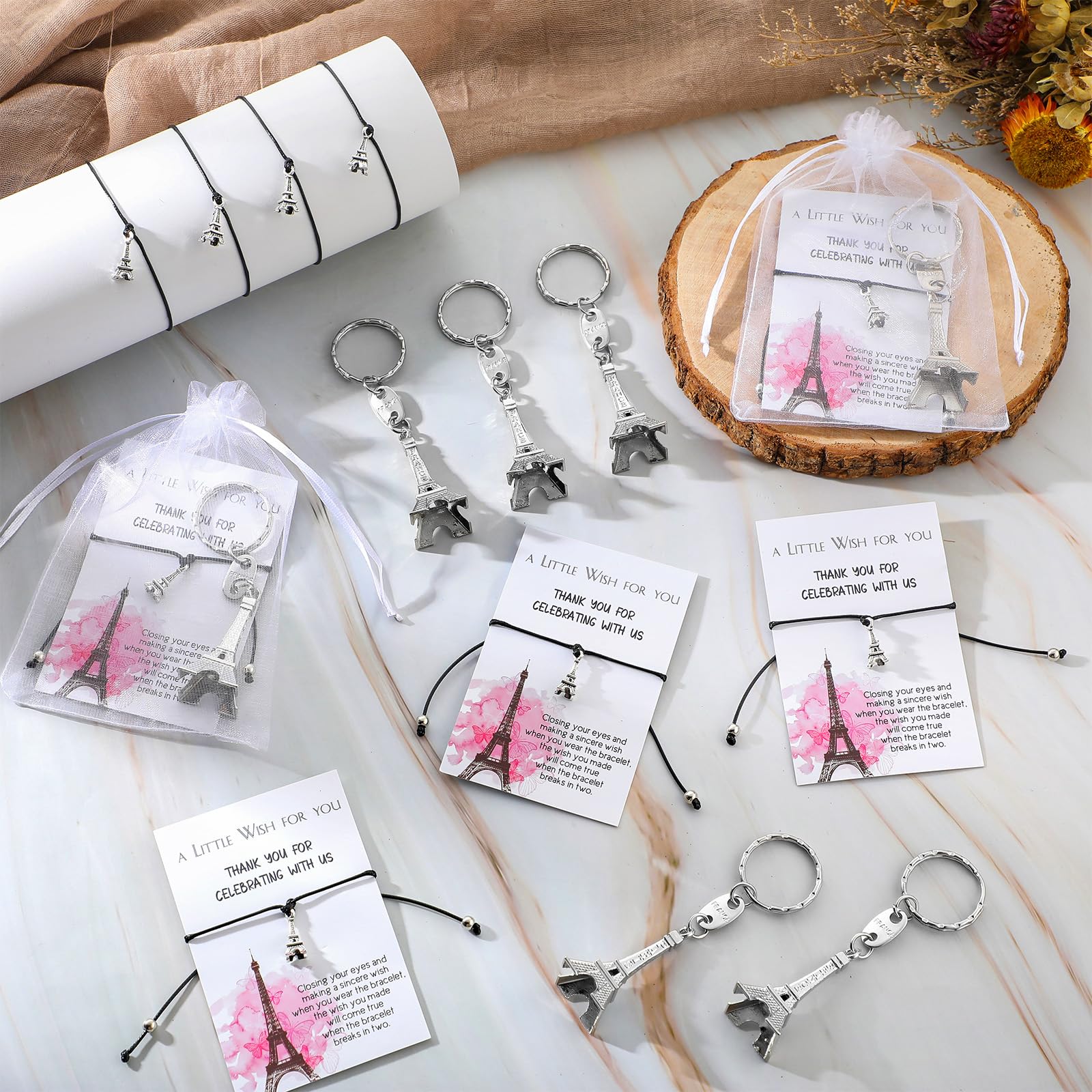 Equsion 50 Sets Paris Partygeschenke, Großpackung Eiffelturm, Schlüsselanhänger, Armbänder, Dankeskarten mit Tasche, 16 Partygeschenke
