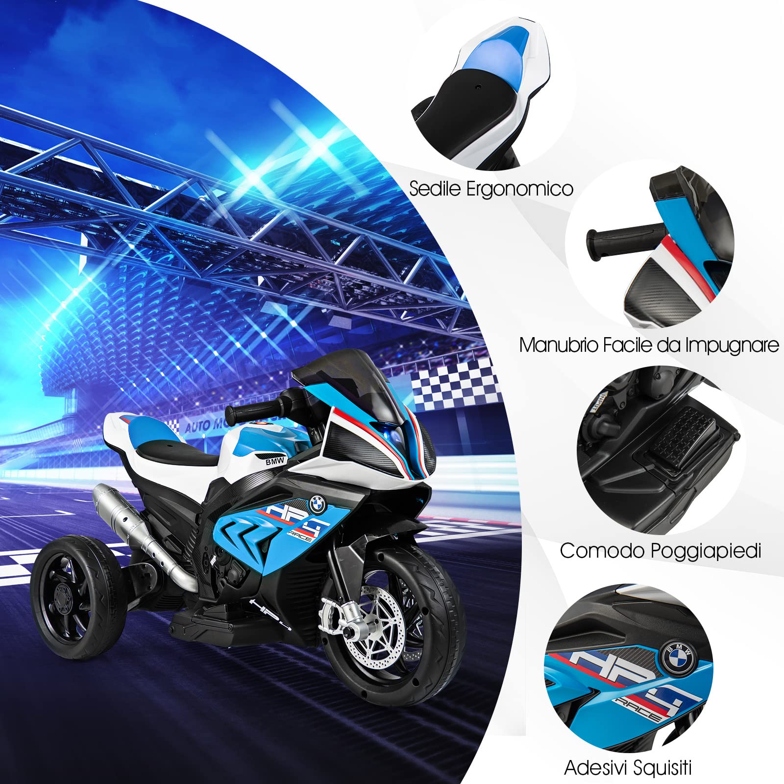 RELAX4LIFE 6V BMWMoto Elettrica per Bambini a 3 Ruote con Pedale Acceleratore,con Sedile Comodo e Porta USB/AUX, Moto Elettrica, Velocità 3 KM/H, Carico Massimo 30 KG, per Bambini 3-8 Anni (Blu)