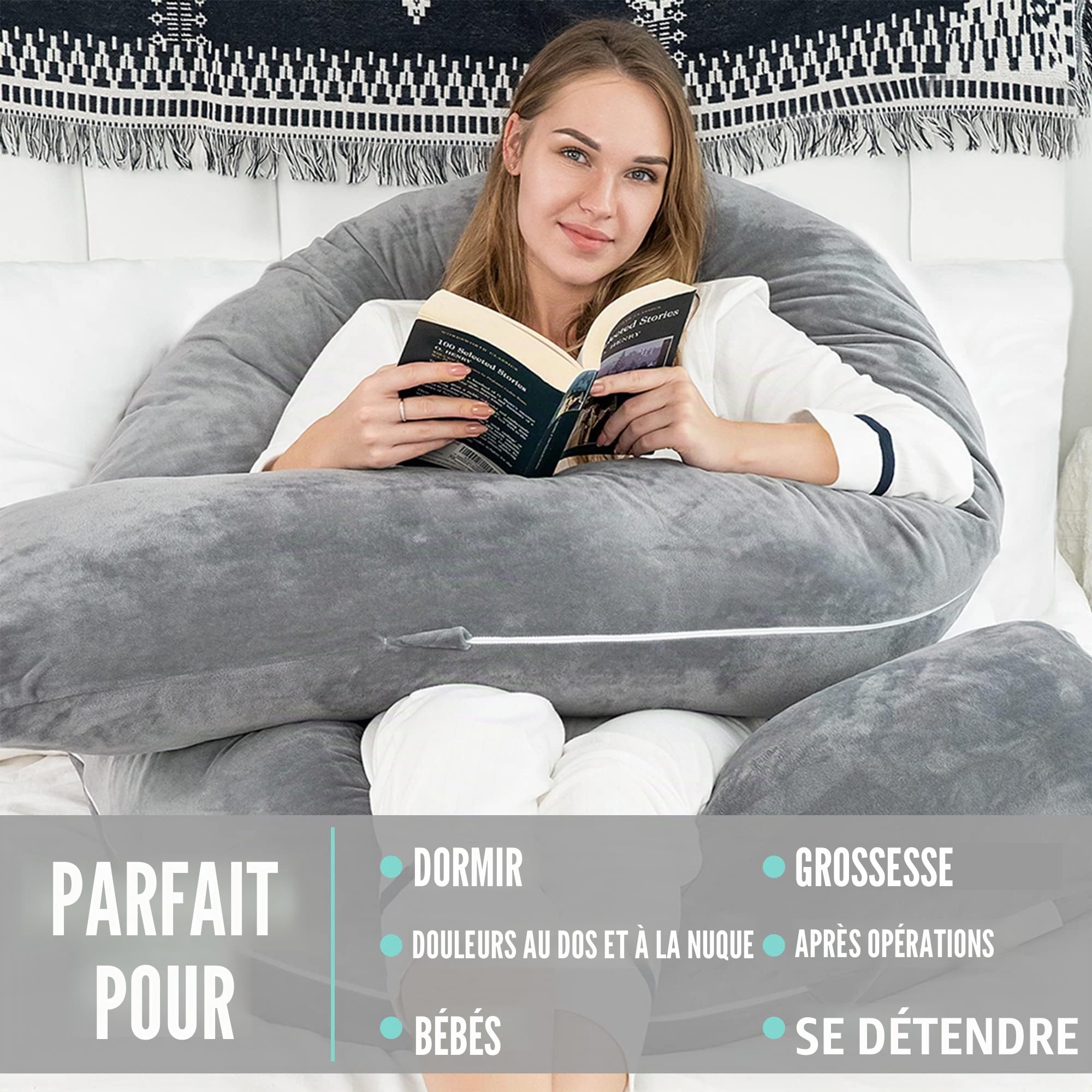 Strex Coussin de maternité XXL - 280cm - Coussin Gros - Housse amovible - Coussin de couchage latéral / oreiller corporel / Coussin nutritionnel
