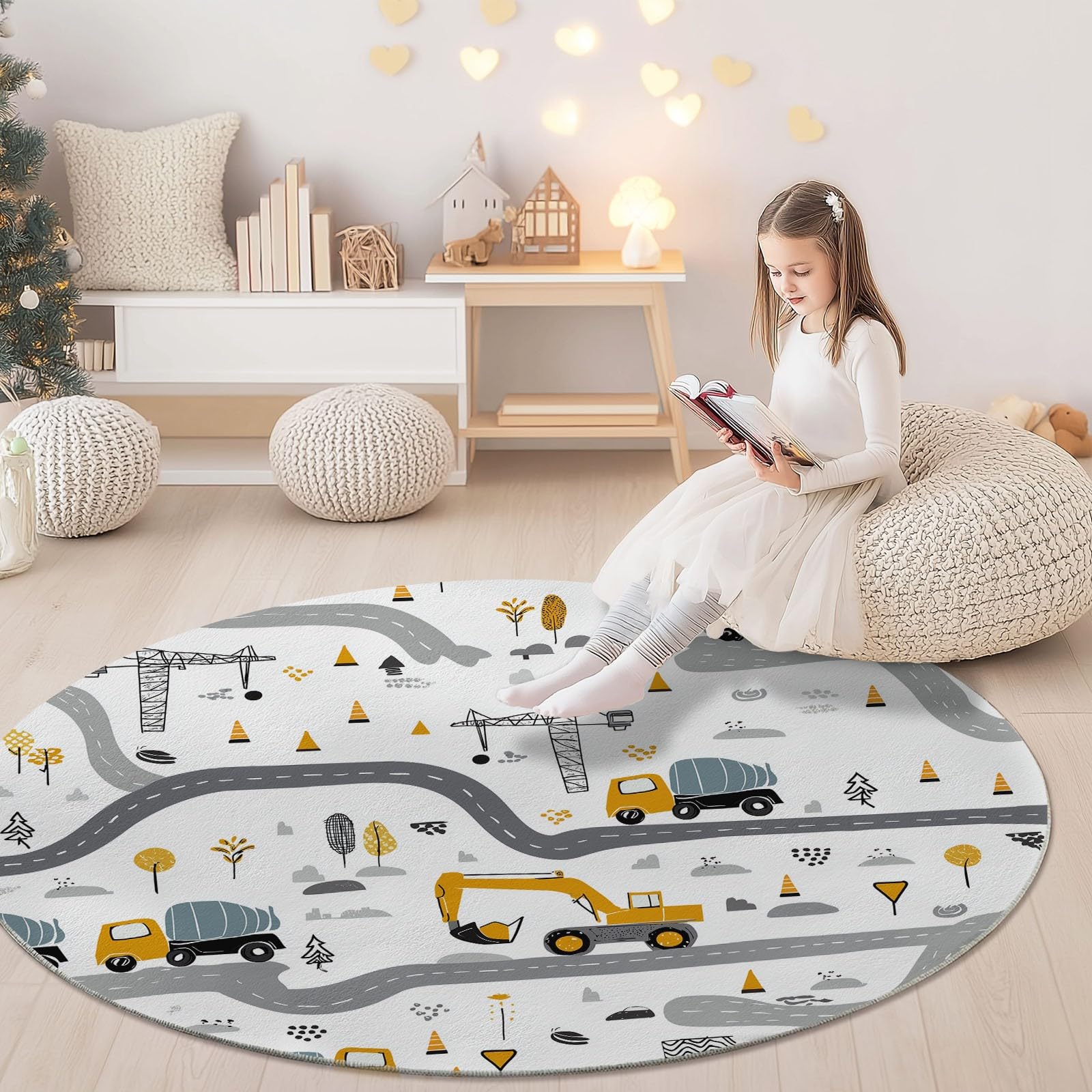 Tappeto rotondo in flanella100 cm, Morbido Cartone animato Veicoli da costruzione Strada Tappetini Antiscivolo Tappeto per Bambini Cameretta Cucina Casa Zona Balcone Tappet Tavolino Colorato