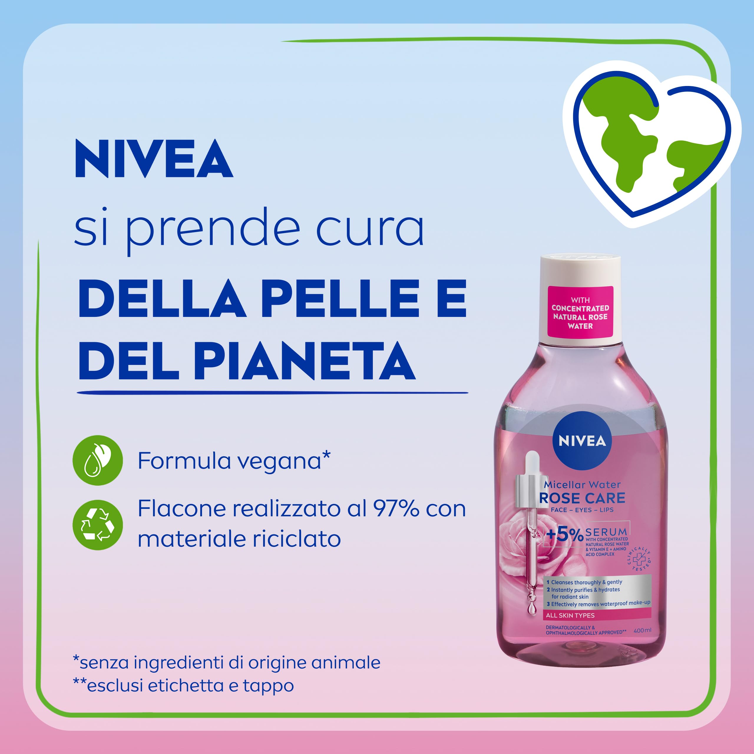 NIVEA Acqua Micellare Rose Care 400 ml, Struccante viso e occhi bifasico per trucco waterproof, Detergente viso, occhi e labbra con 5% siero con Acqua di Rose e Vitamina E, Tutti i tipi di pelle