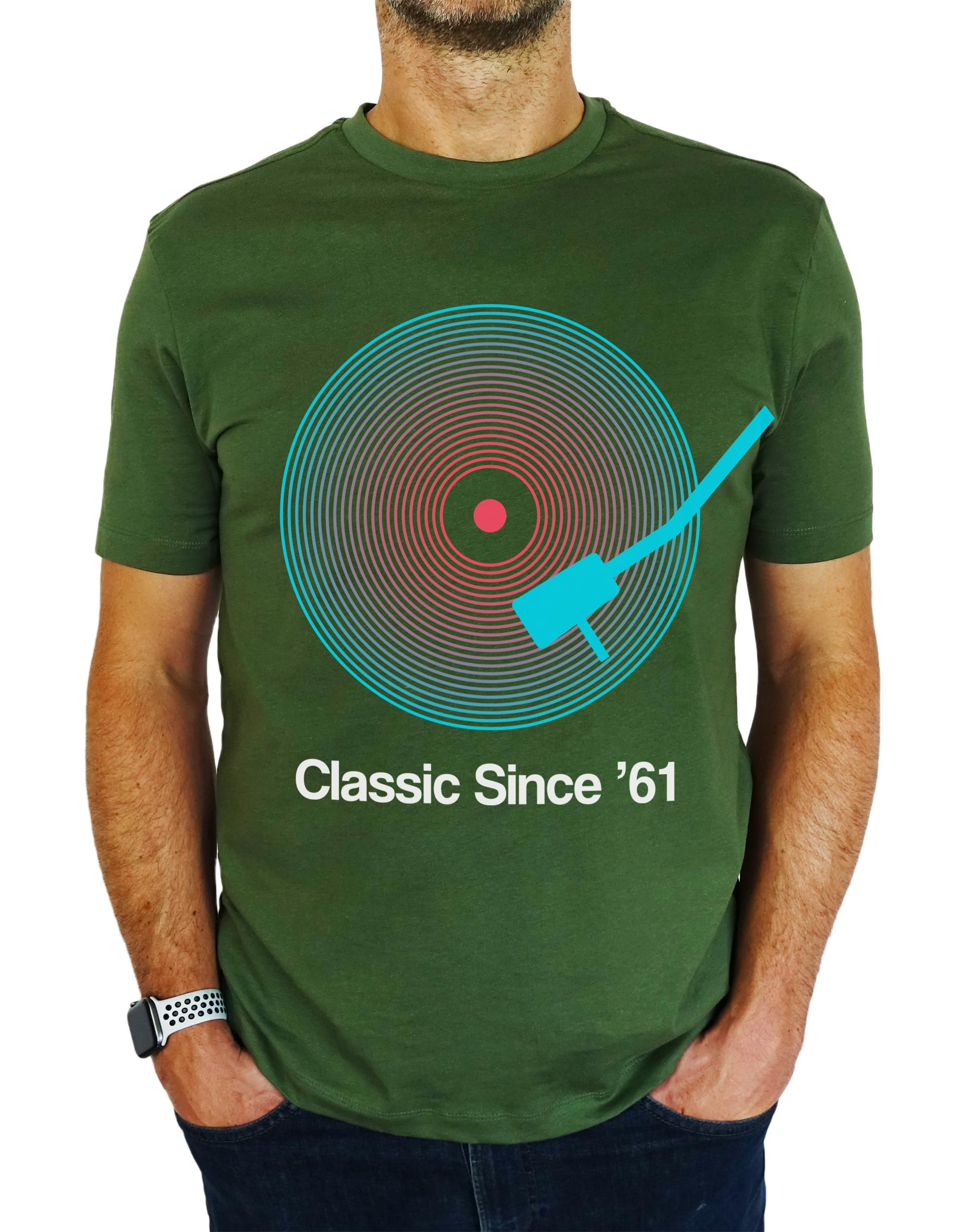 1961 Vinyl Record Neon - Classic Since - 65th Birthday Gift | Present Mens T-Shirt Earthy Green XL