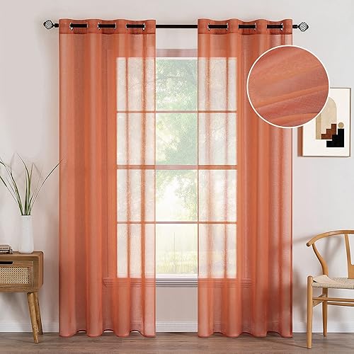 Miniatura 6 de MIULEE Cortinas semitraslúcidas de lino naranja quemado, 2 paneles para sala de estar, dormitorio, casa de campo, cortinas de gasa texturizadas con
