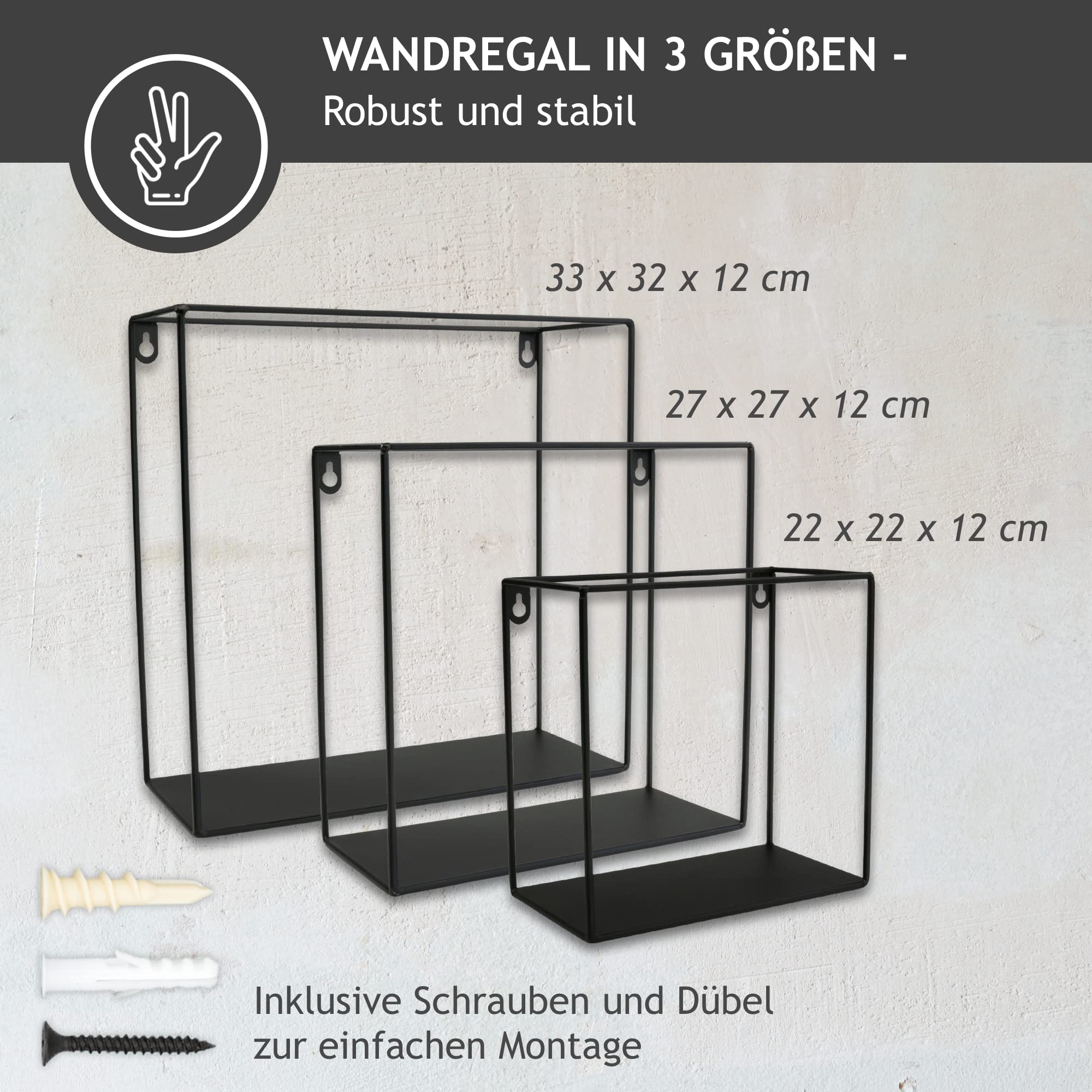 3X Wand-Regale in schwarz - Hängeregal im Industrial Design - Wand-Deko aus Metall - Schweberegale zum Dekorieren von Küche, Wohnzimmer & Bad