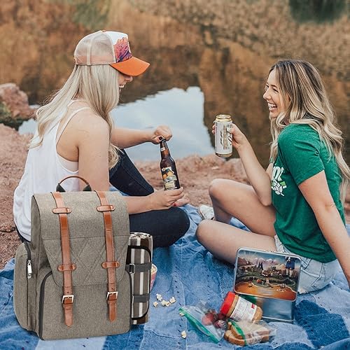 Miniatura 13 de Mochila de picnic para 4 personas con bolsa térmica grande, juego de cesta de picnic con bolsa de vino, manta de picnic impermeable y juego de Negro