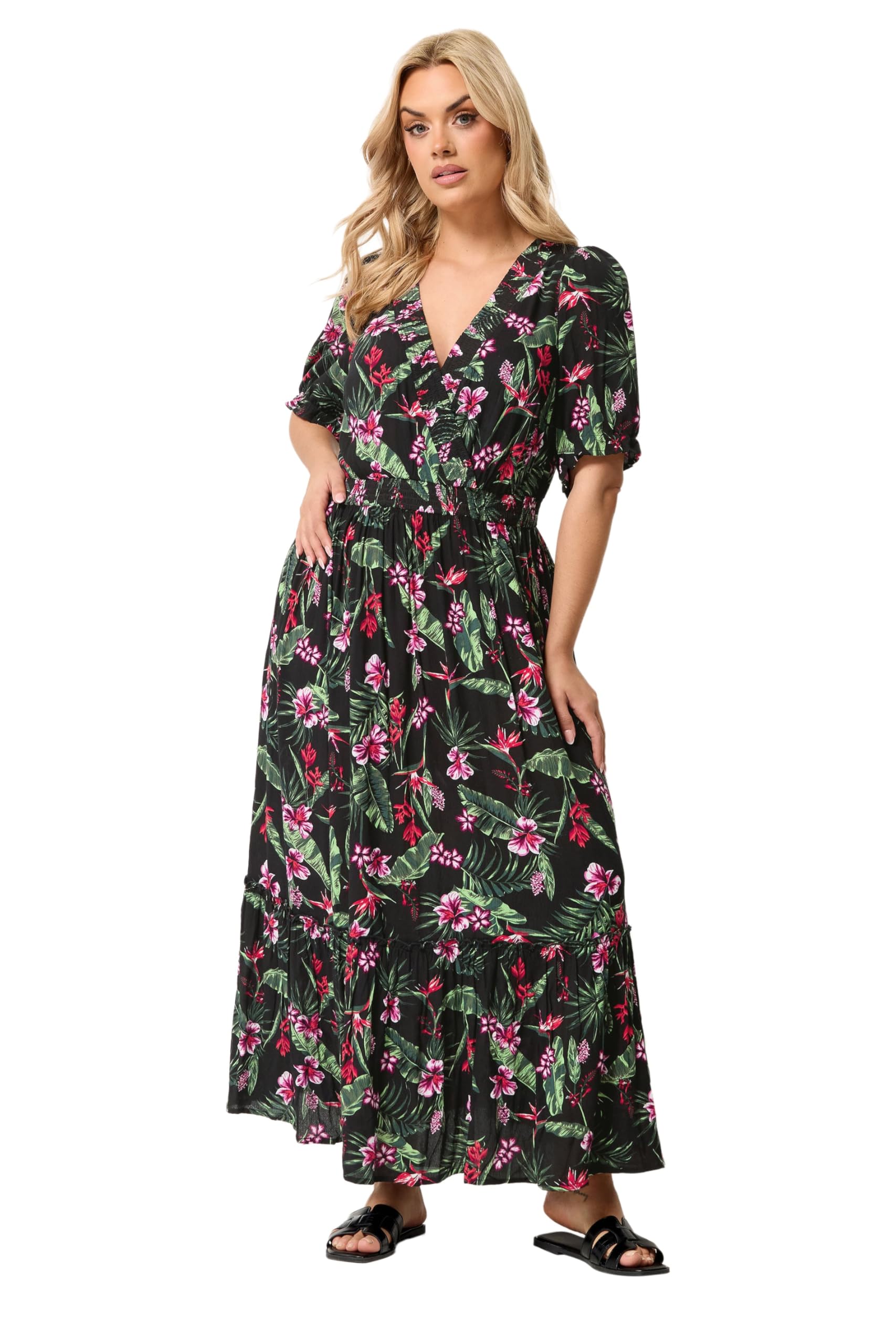 Yours Women's Black Tropical Shirred Maxi Dress In | Size: 26-28