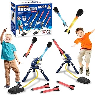 COOLDUCK 2PCS Dino Rocket Launcher for Kids - Launch Up to 100 Feet, Light-up Foam Rockets, Godzilla Dinosaur Stomp Launch Pad, Outdoor Toys for Family Fun, Birthday Gift for Boys Girls
