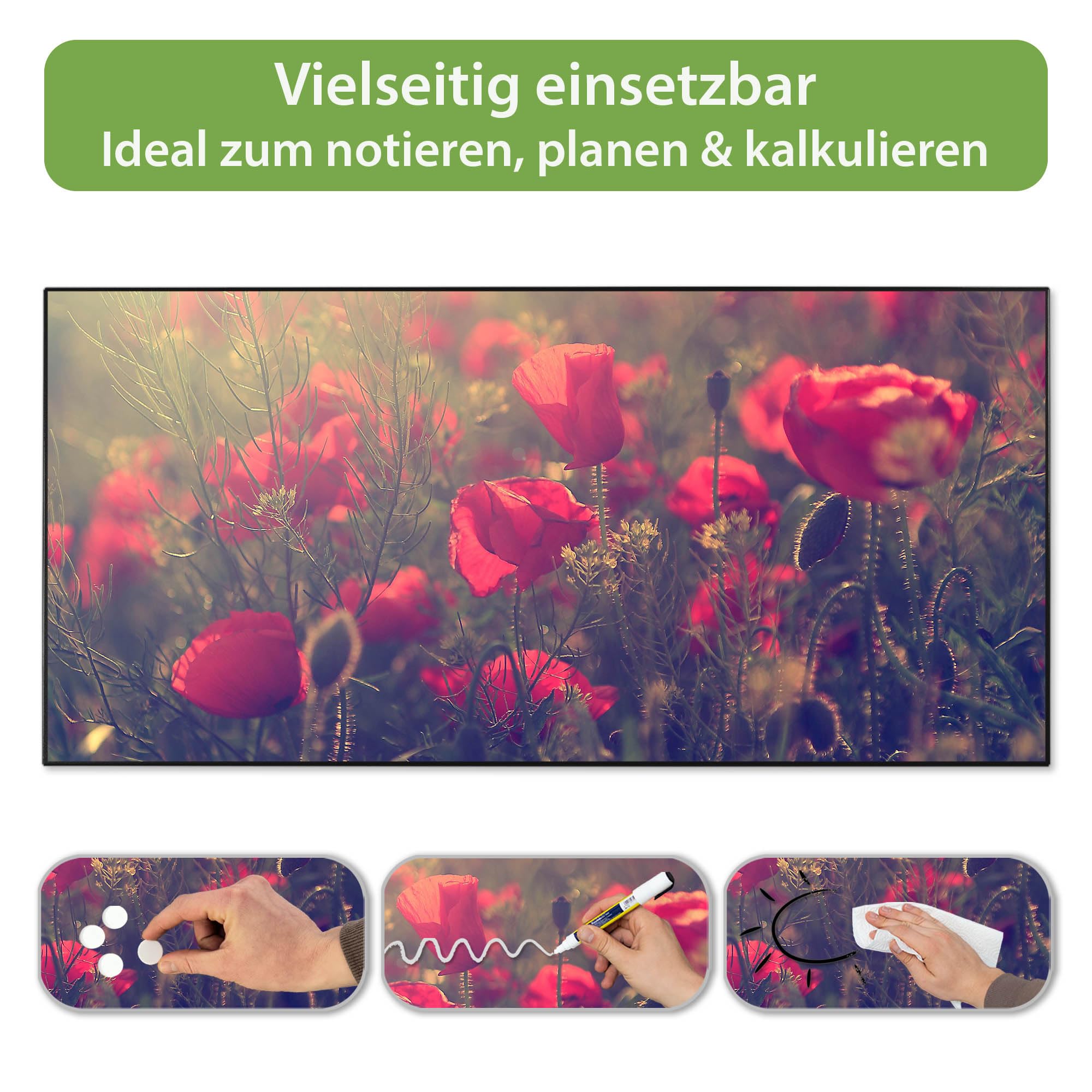 banjado Magnettafel Metall 78 x 37cm - beschreibbare Magnettafel - Metall Pinnwand als Memoboard - Magnetwand Küche, Büro, Kinderzimmer Schwarz inkl. 4 Magnete & Montageset - Motiv Mohn