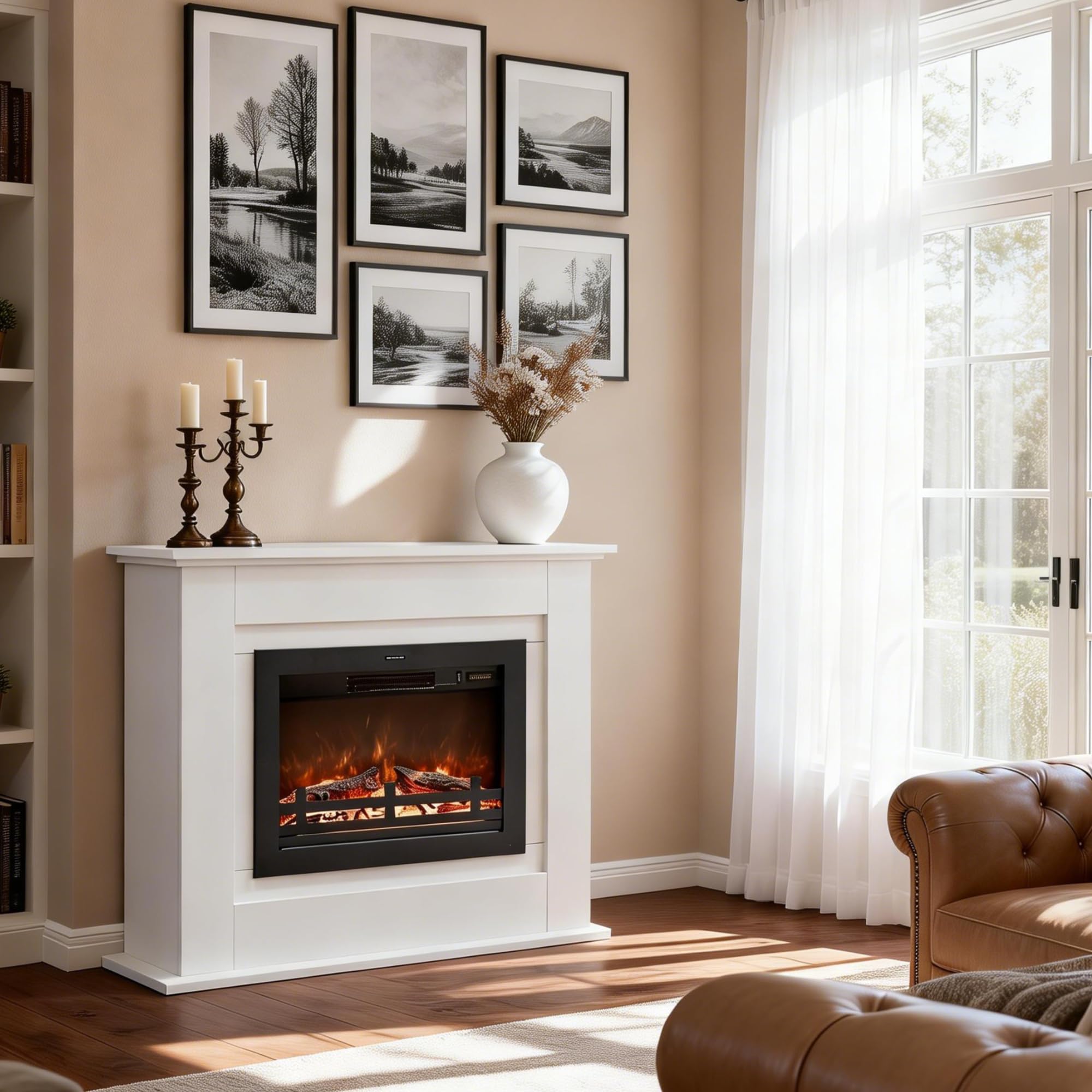 100cm Camino elettrico con mantello, Firebox circostante in legno, indipendente, luminosità della fiamma regolabile, bianco avorio, set di 2