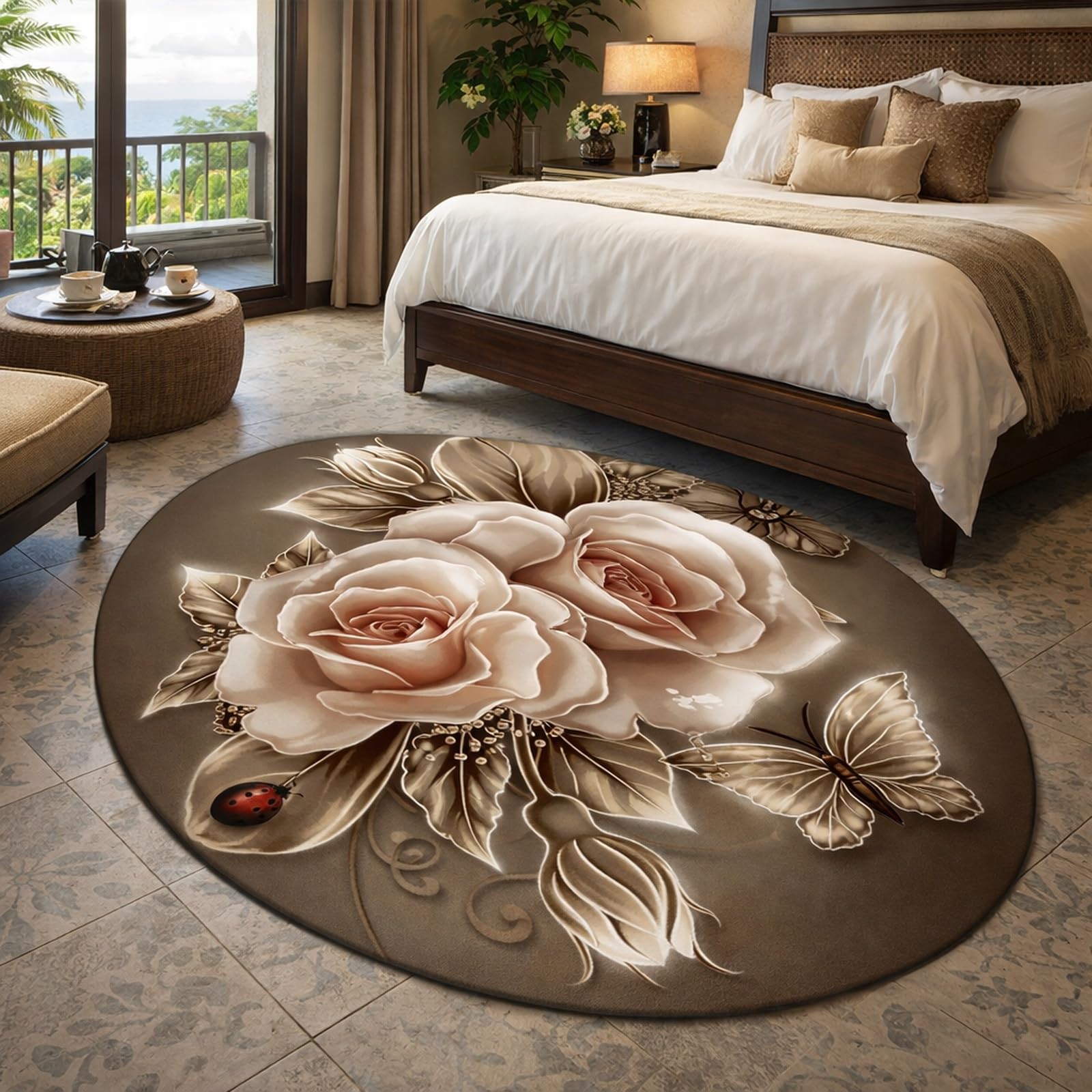 Tapis ovale salon beige et marron 70x110 cm à motifs floraux