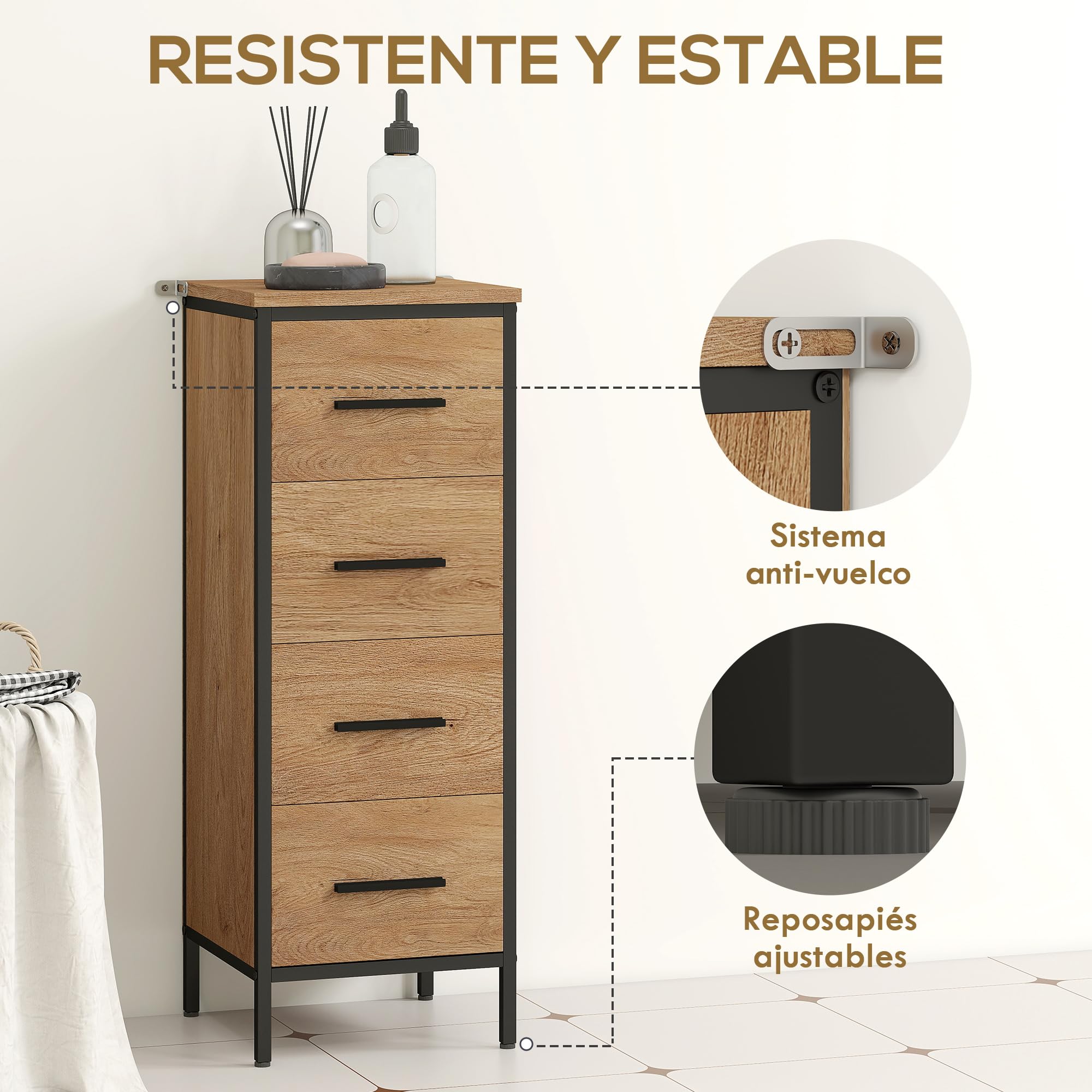 HOMCOM Armario de Baño Estrecho Mueble de Baño con Cajonera de 4 Cajones y Estructura de Acero 30x30x82 cm Color Roble