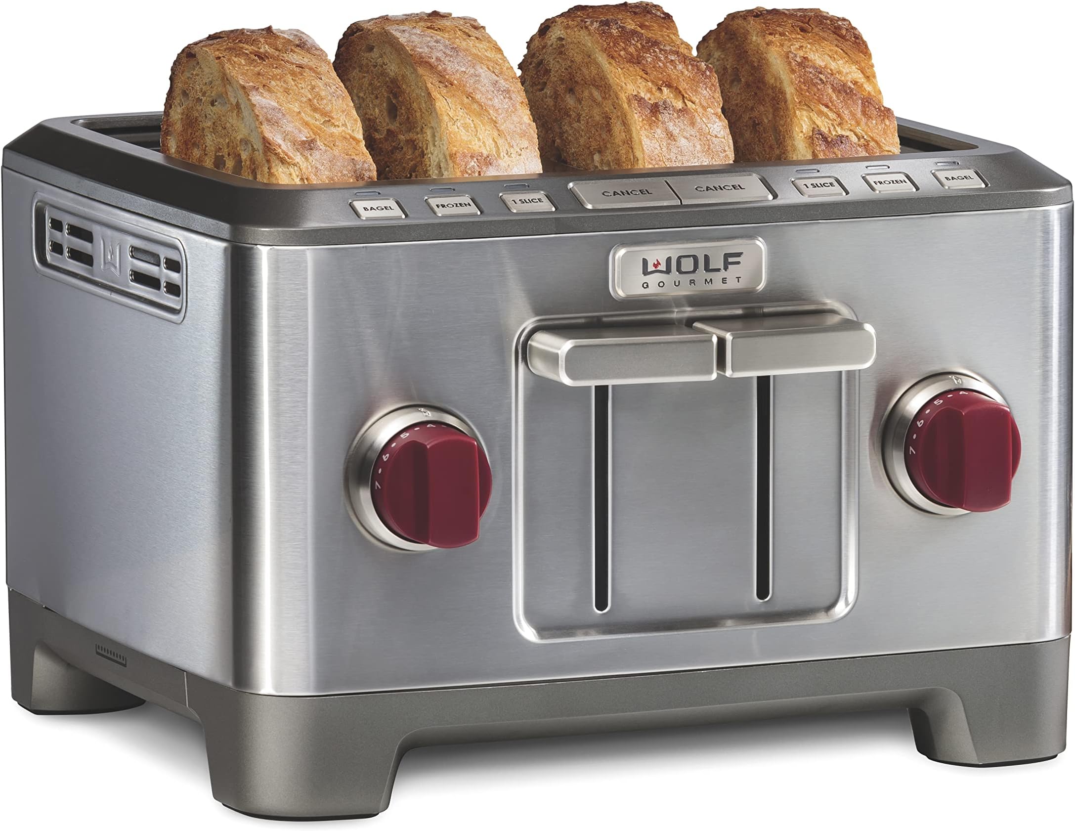 Wolf Gourmet 4-Slice Extra-Wide Slot Toaster with Shade Selector, Bagel and Defrost Settings, Red Knob, Stainless Steel (WGTR154S)