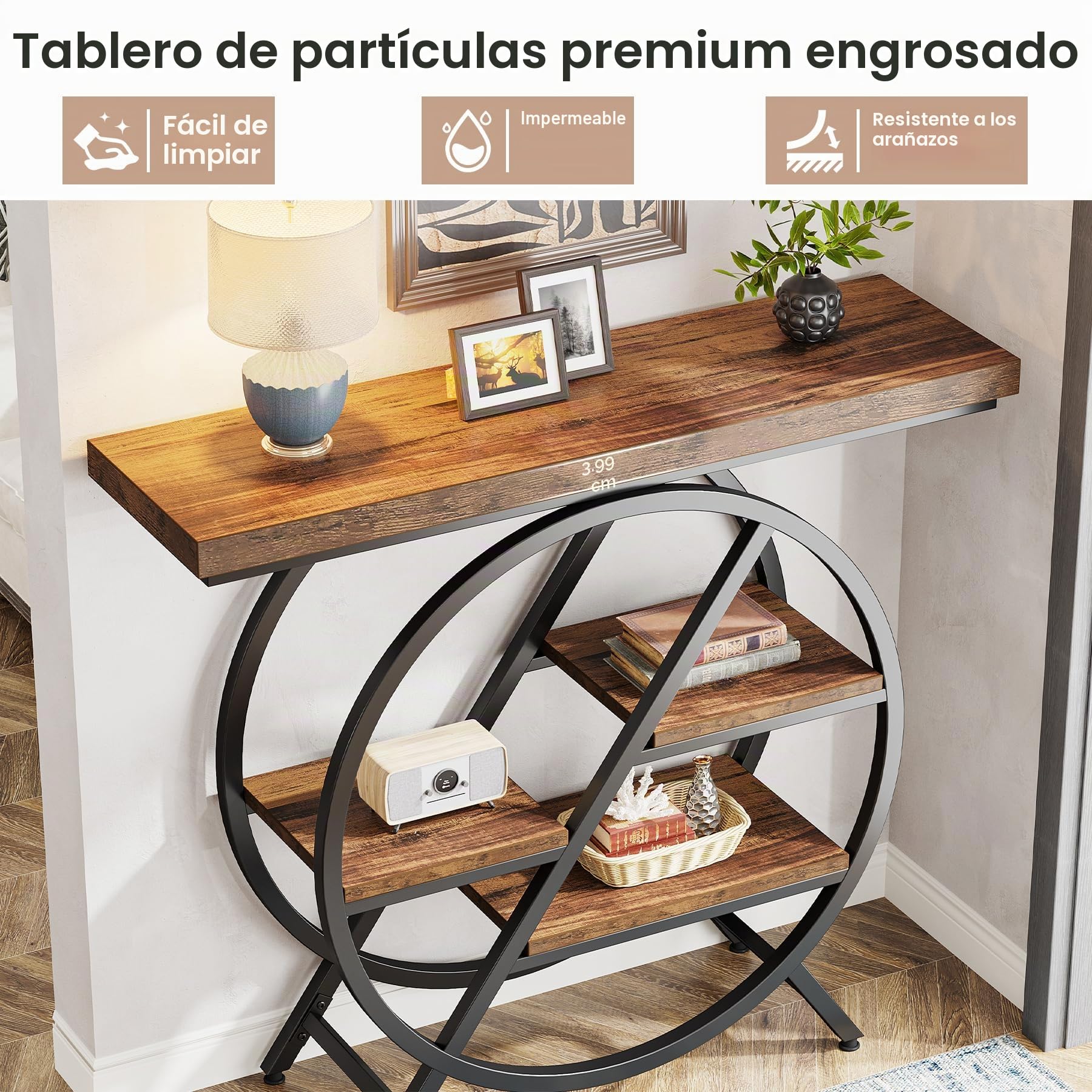 Tribesigns Mesa Consola, Mesa de Entrada de 100 cm con Tablero Grueso, Industrial Mesa de Sofá de 4 Niveles con Estructura Geométrica de Metal para Sala de Estar, Entrada (Marrón Rústico)