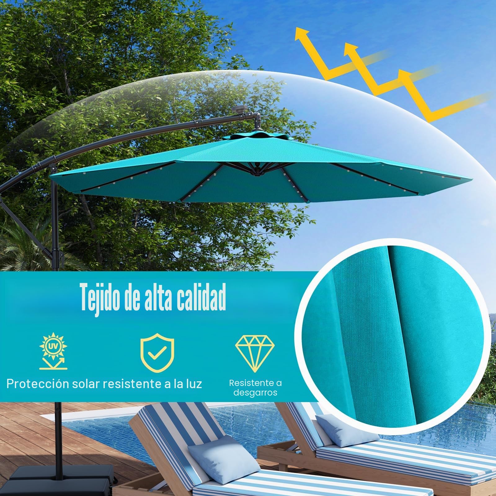 RELAX4LIFE Sombrilla Terraza 3x3m con 40 Luces LED Solar, Sombrilla Inclinable con Base en Cruz, Manivela Manual y 2 Sacos de Arena, Protección Solar, Parasol para Jardín, Terraza y Patio