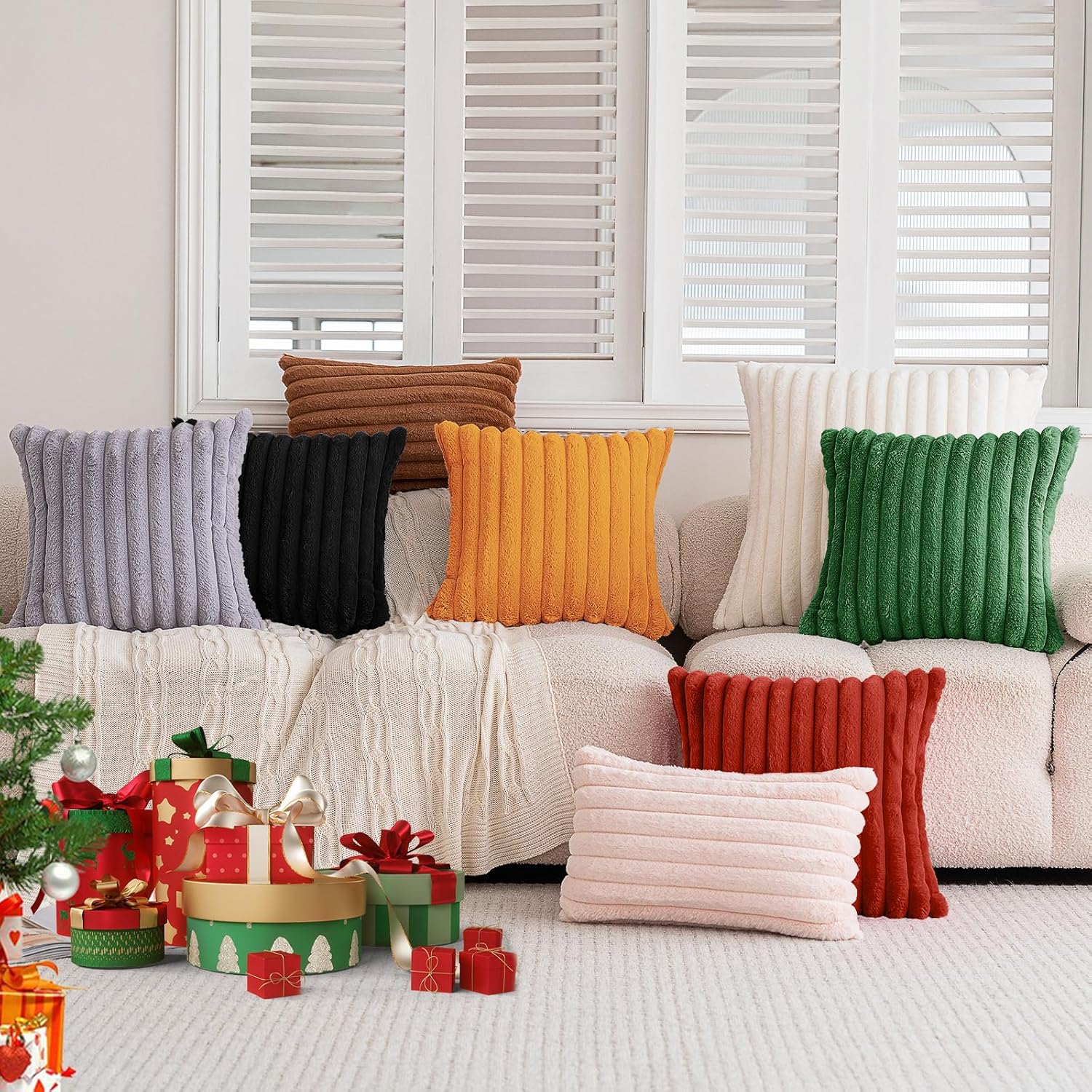 Christmas Dark Green Faux Fur Plush Throw Pillow Covers 18x18 Set of 2 Fuzzy Striped Soft Cozy Pillowcase Luxury Decorative Pillows Square Fluffy Cushion Covers for Couch Sofa Bed - Image 6