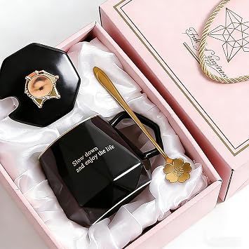 Coffee Mug Gift Box with crown Lid and flower Spoon, Gold Trim, 13.5Oz,Mothers Day Birthday Luxury Gift Box Set for Her Bday, Mom, Sister, Best Friends Female, Christmas Ceramic Cup GiftBlack